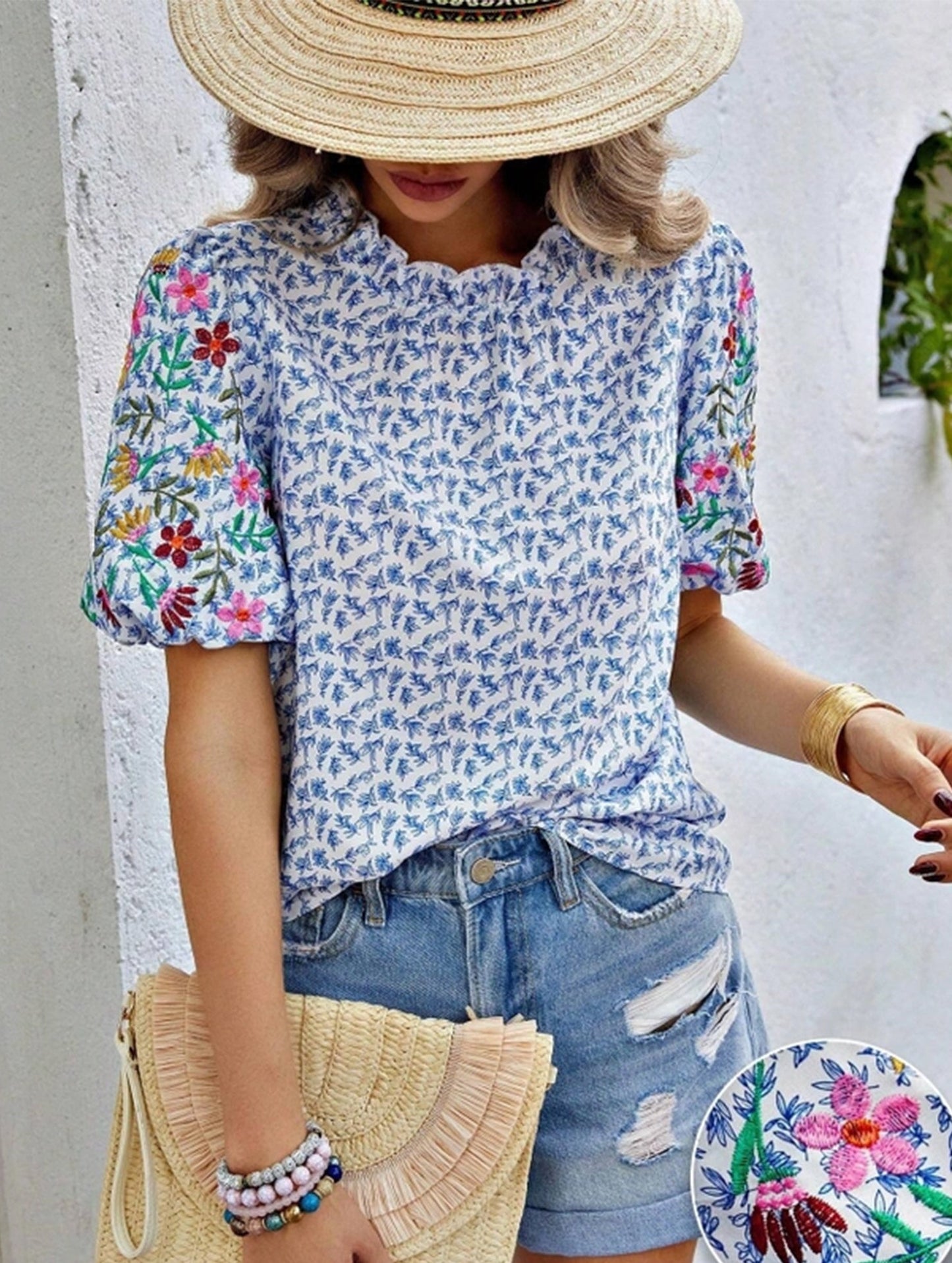 Embroidered Printed Turtleneck Blouse ??Boho Chic High Neck Long Sleeve Top