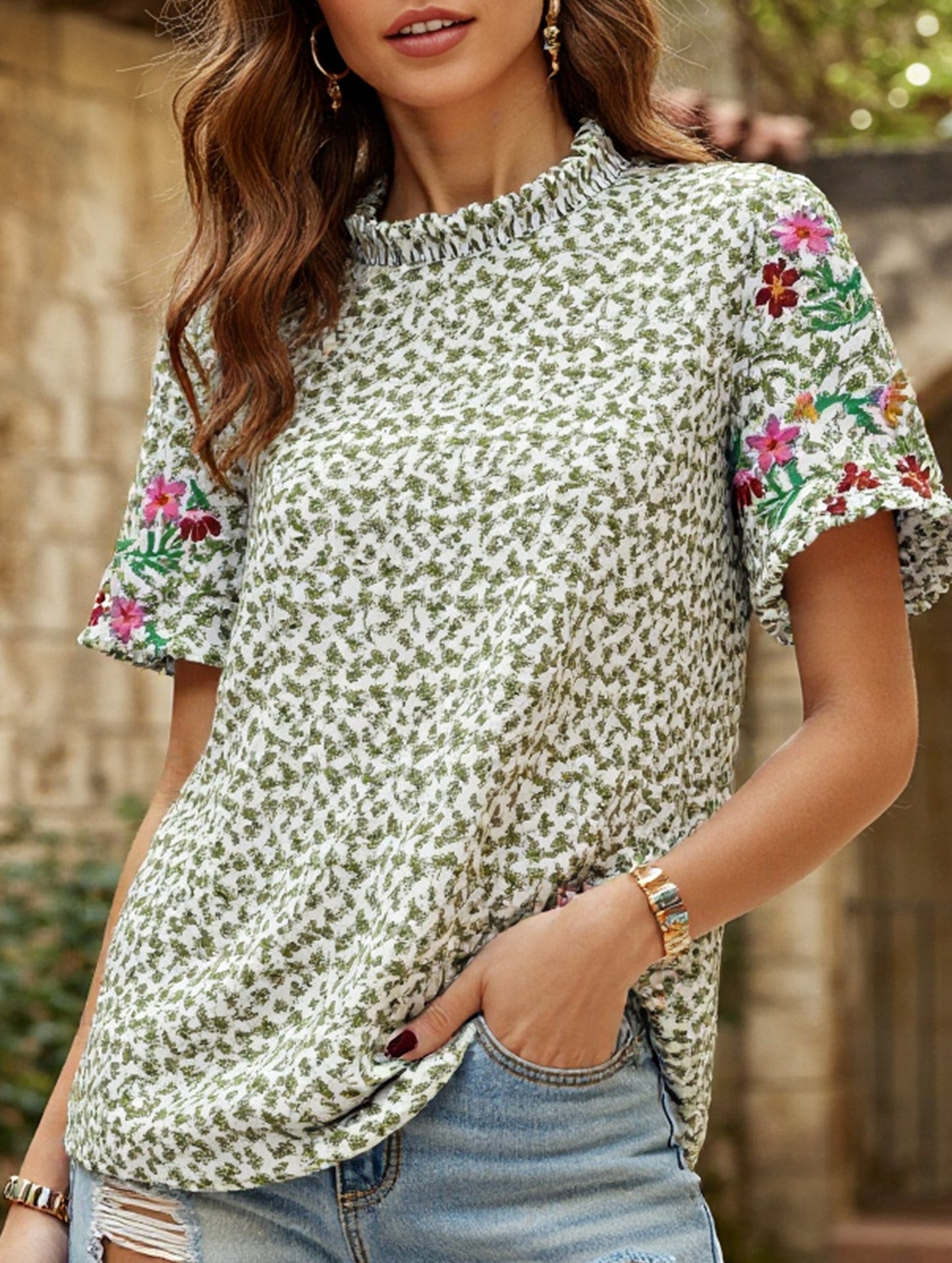 Embroidered Printed Turtleneck Blouse ??Boho Chic High Neck Long Sleeve Top