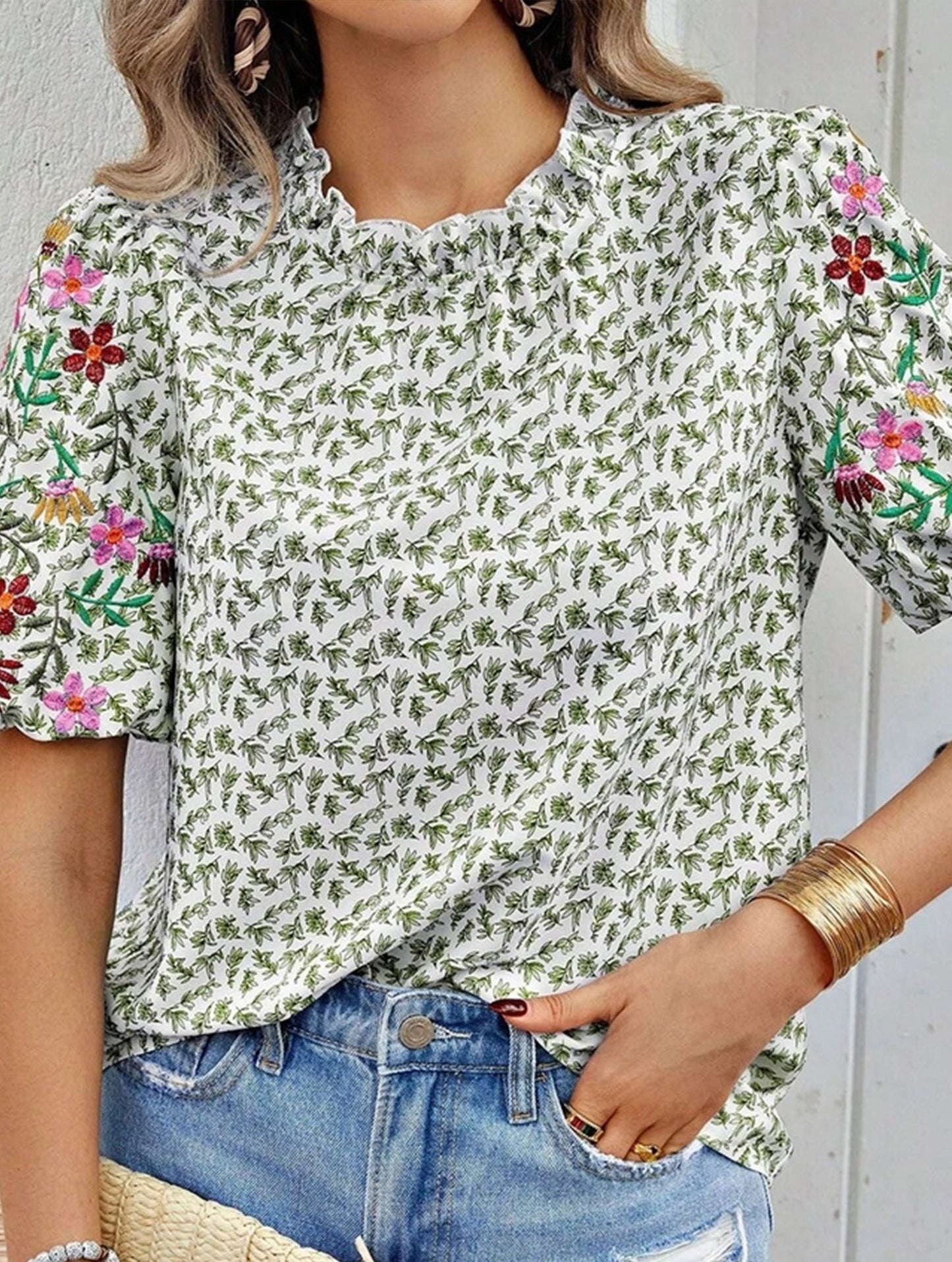 Embroidered Printed Turtleneck Blouse ??Boho Chic High Neck Long Sleeve Top