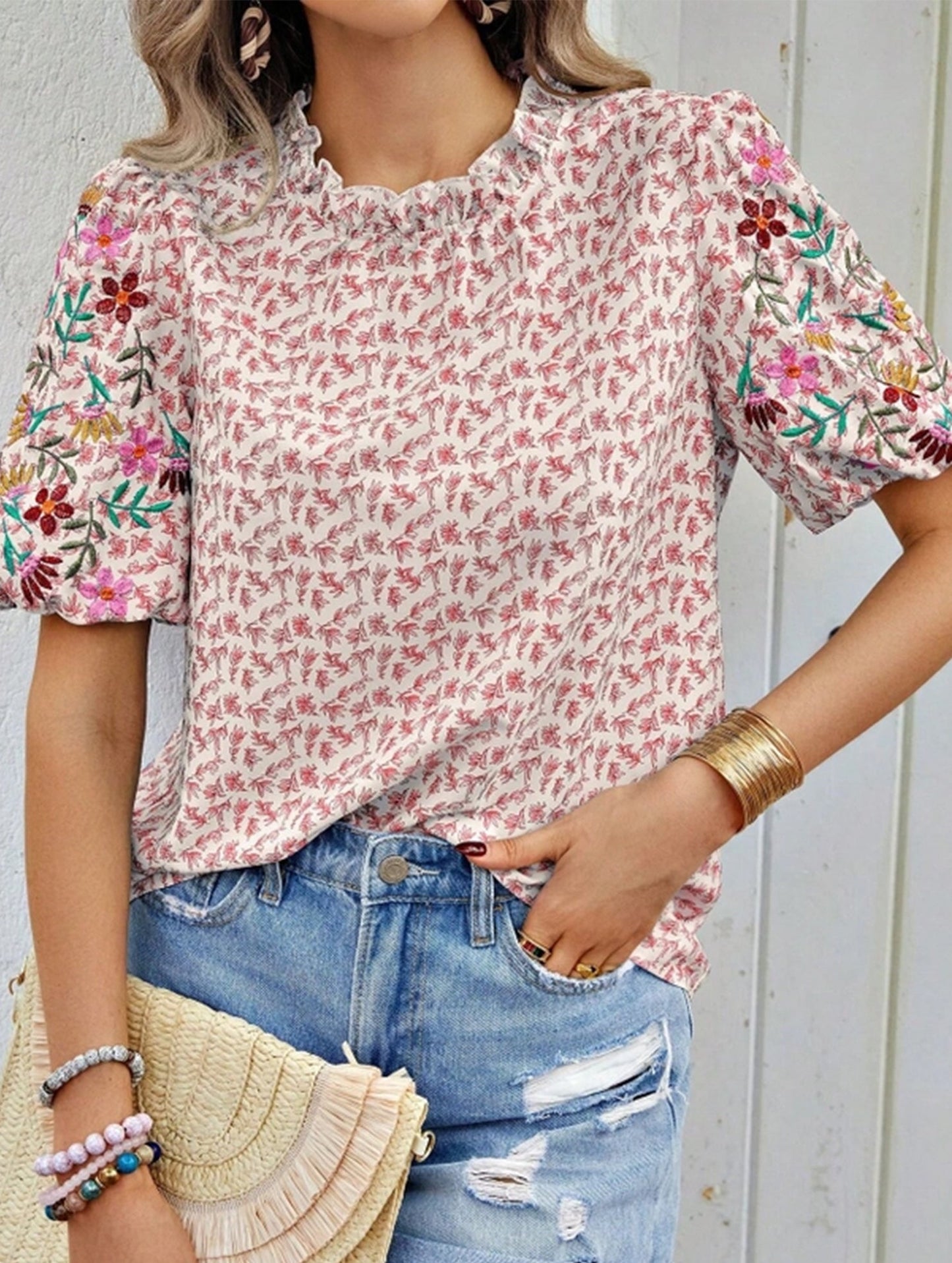 Embroidered Printed Turtleneck Blouse ??Boho Chic High Neck Long Sleeve Top