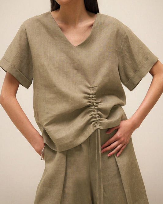 Linen V-Neck Slouchy Blouse ??Breathable & Relaxed Fit