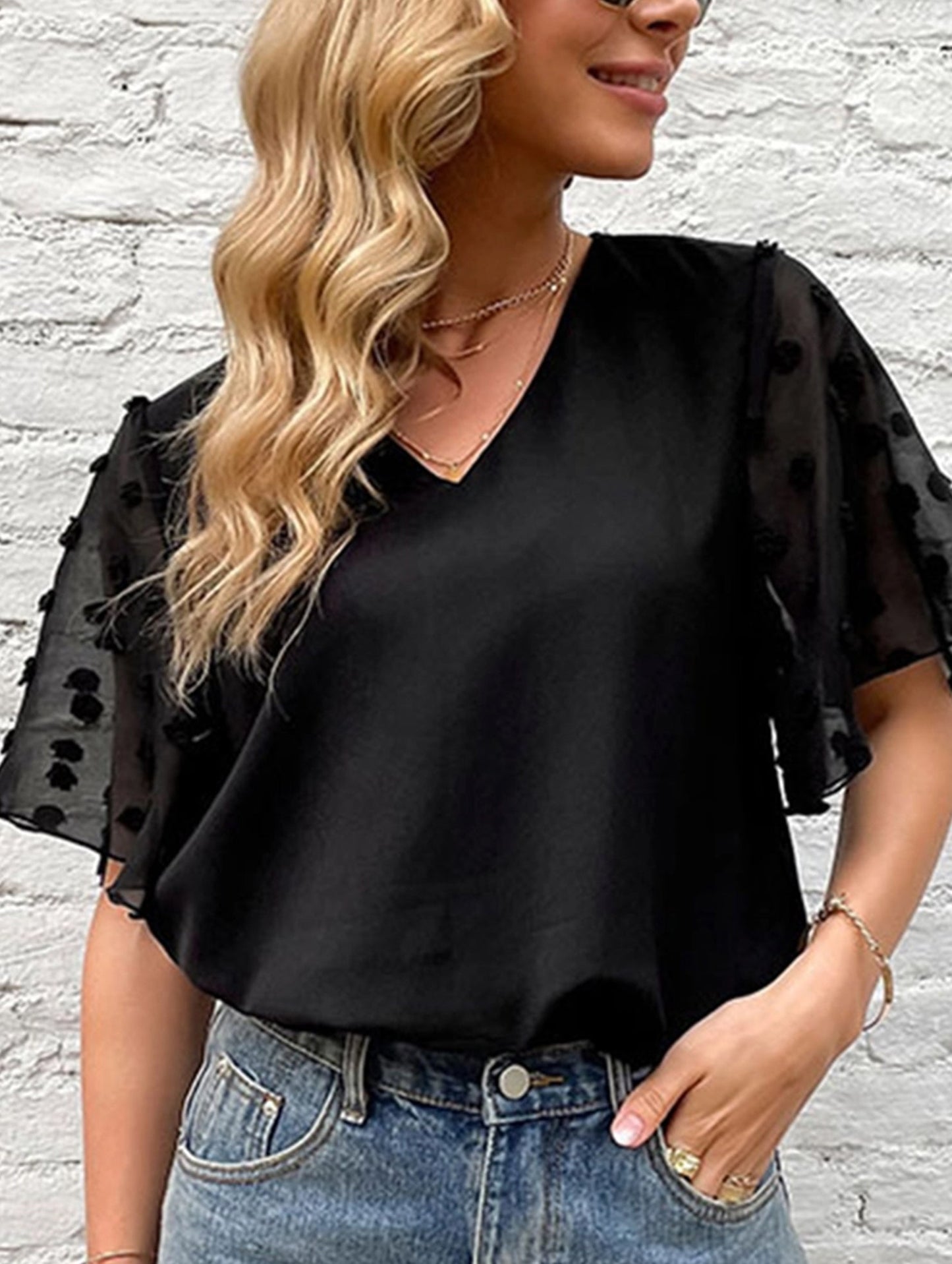 BLACK V-NECK GAUZE SEE-THROUGH BLOUSE_CWTBLS0874