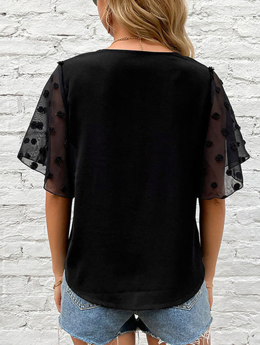 BLACK V-NECK GAUZE SEE-THROUGH BLOUSE_CWTBLS0874