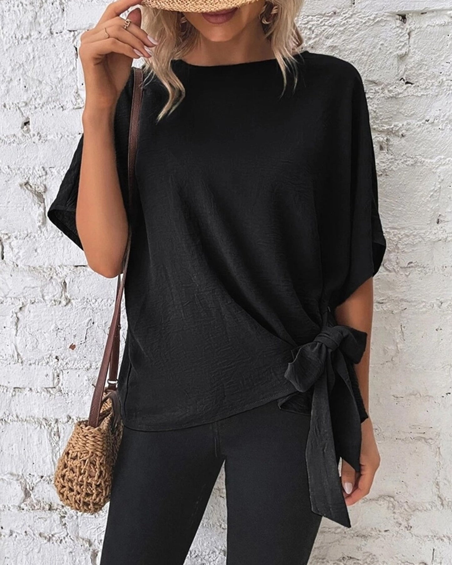 BATWING SLEEVED HEM KNOT LOOSE BLOUSE