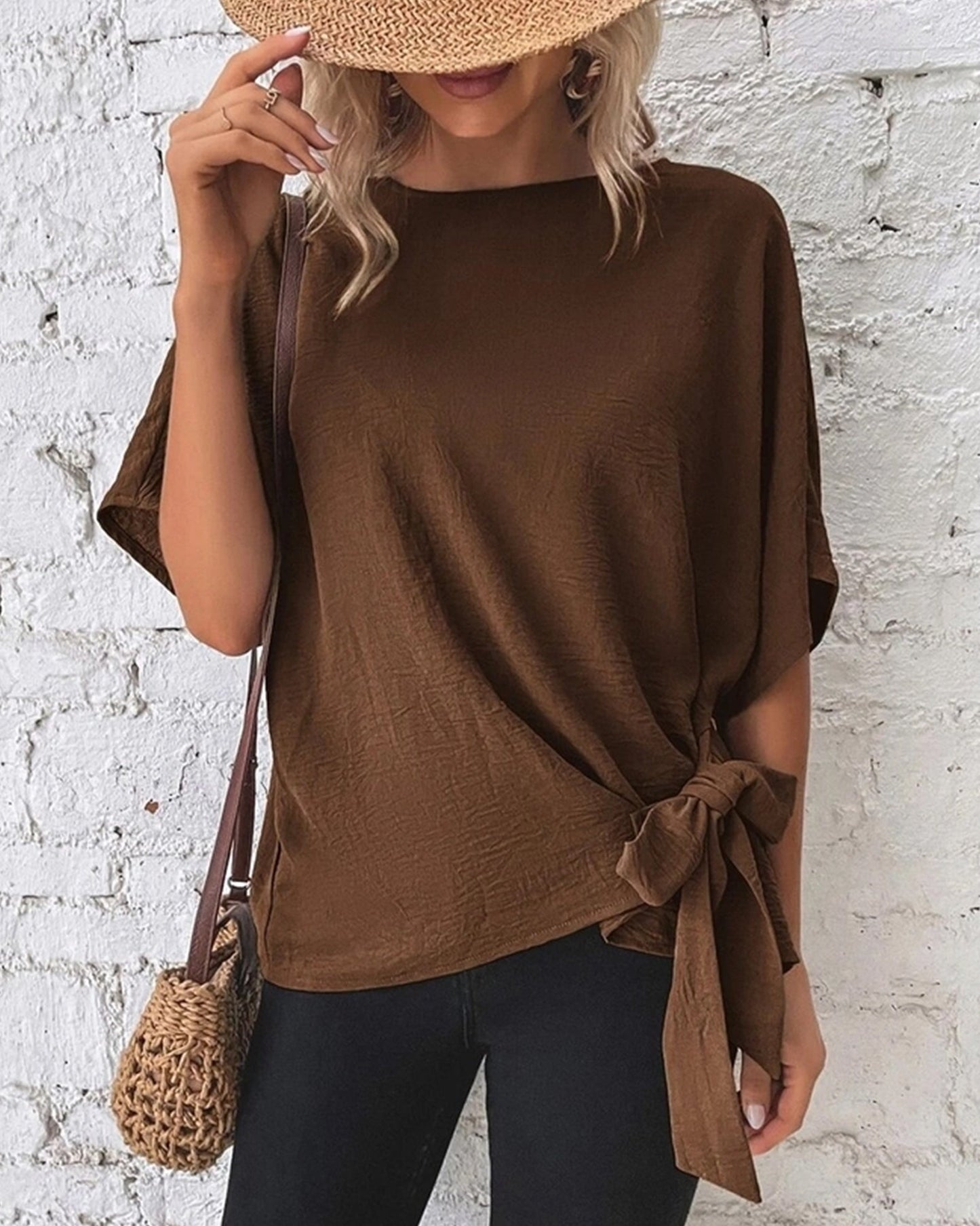 BATWING SLEEVED HEM KNOT LOOSE BLOUSE