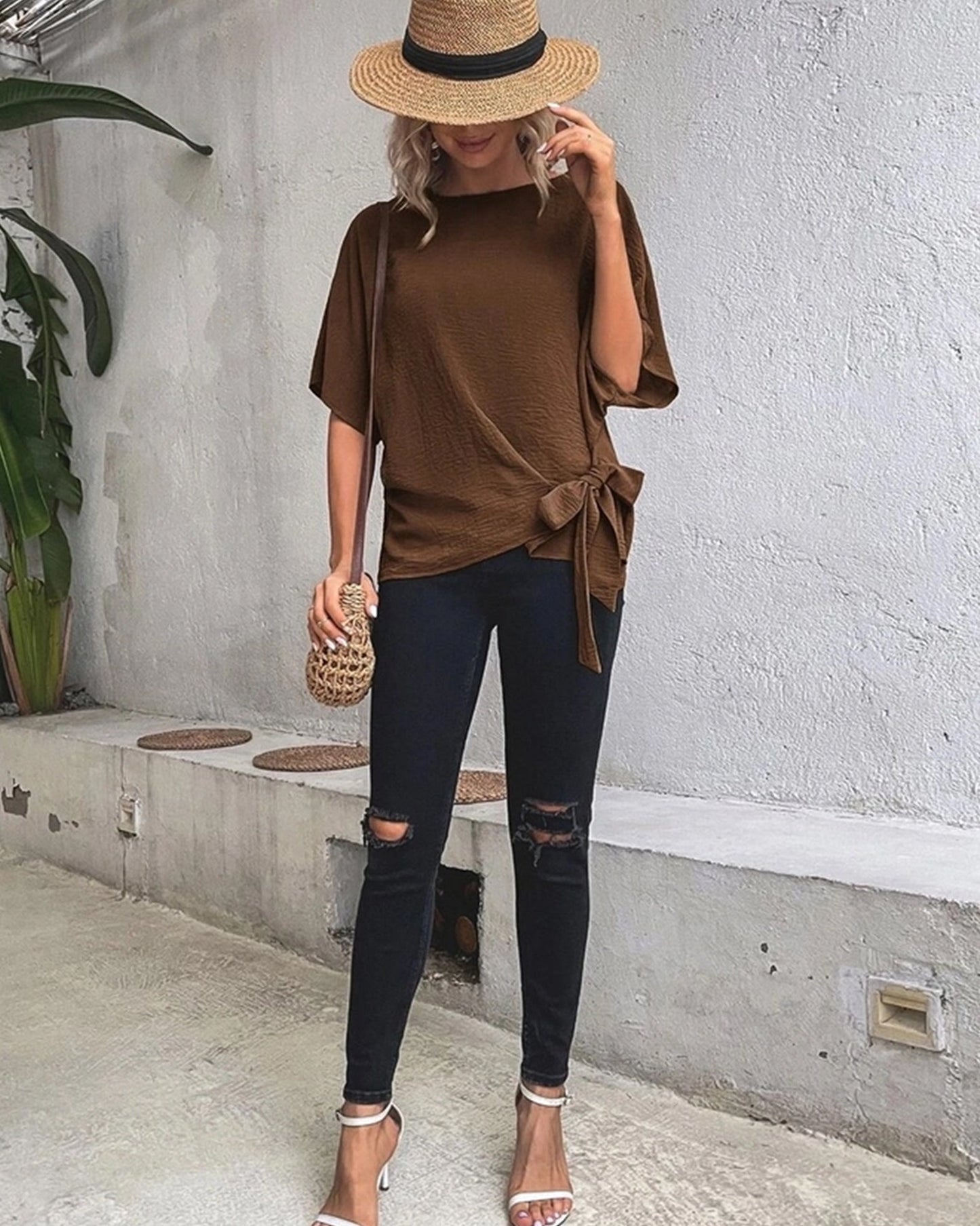 BATWING SLEEVED HEM KNOT LOOSE BLOUSE