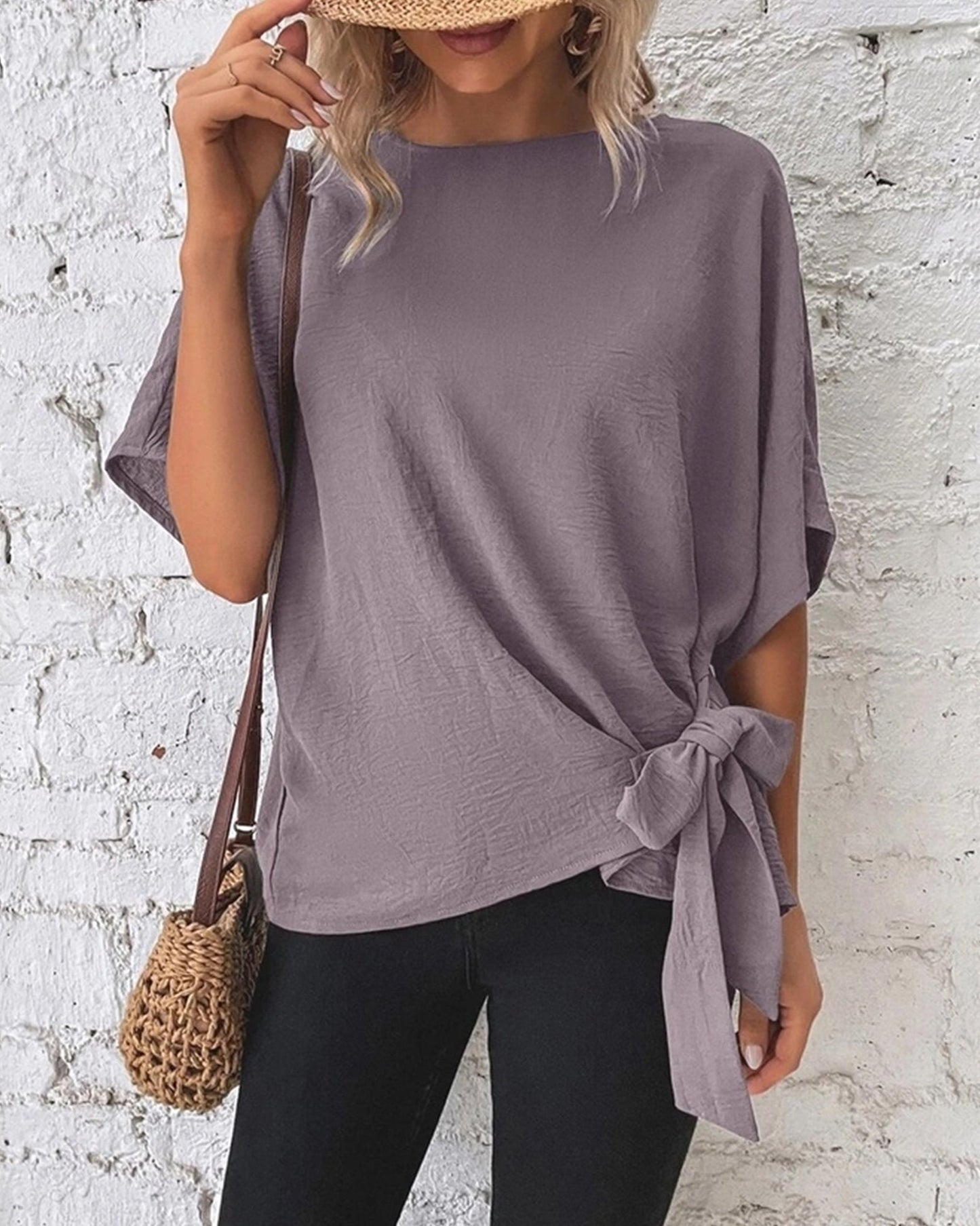 BATWING SLEEVED HEM KNOT LOOSE BLOUSE