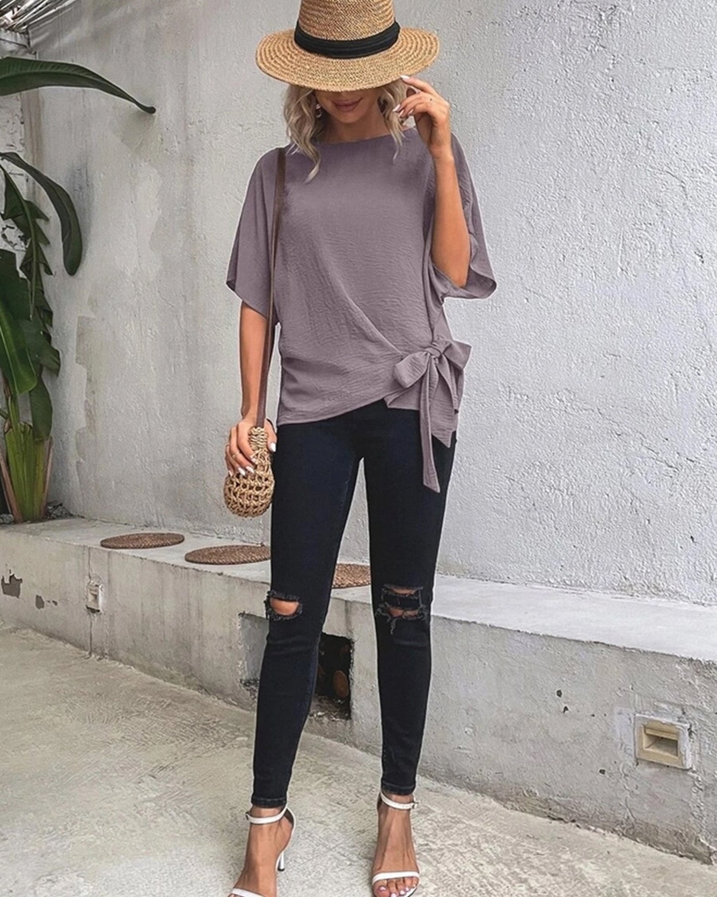 BATWING SLEEVED HEM KNOT LOOSE BLOUSE