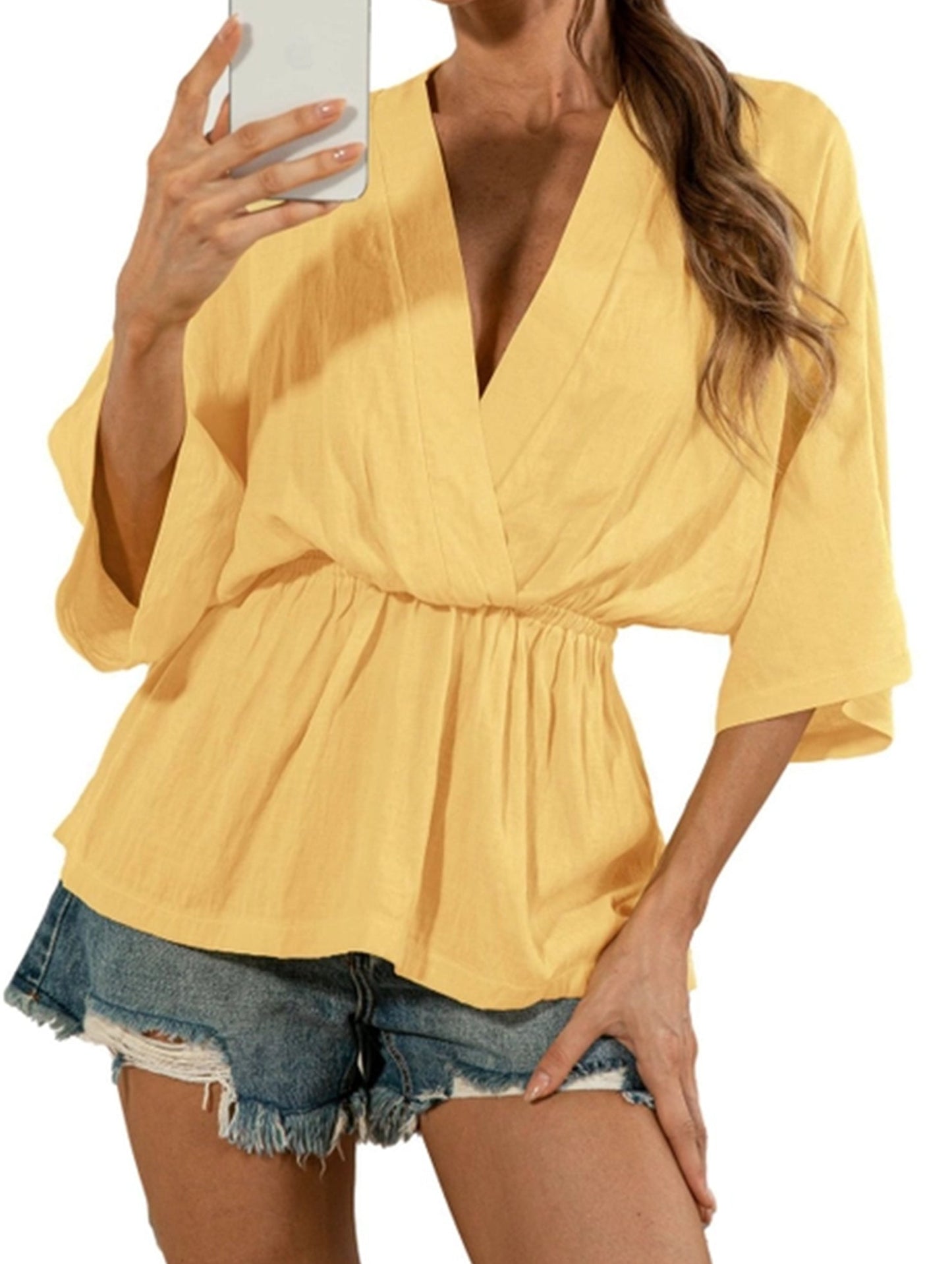 Solid Color Deep V-Neck Loose Waist Blouse ??Casual Boho Long Sleeve Top