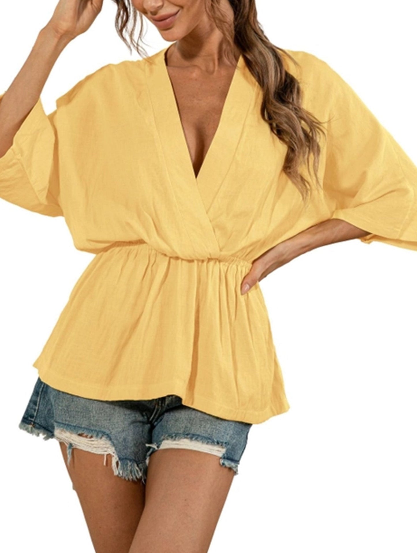 Solid Color Deep V-Neck Loose Waist Blouse ??Casual Boho Long Sleeve Top
