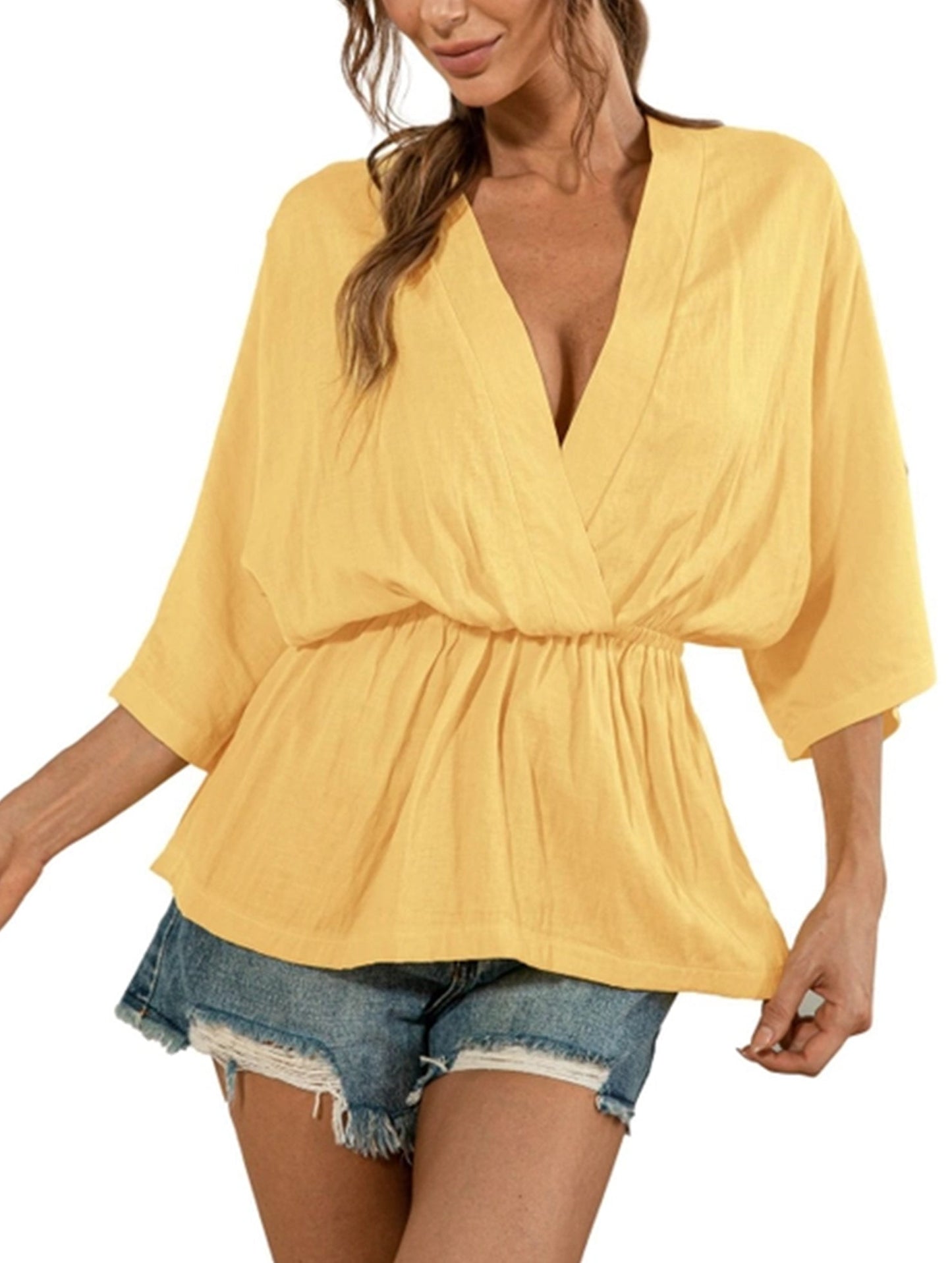Solid Color Deep V-Neck Loose Waist Blouse ??Casual Boho Long Sleeve Top