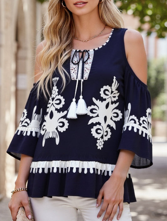 Lace Patchwork Fringe Lace-Up Shirt ??Boho Viscose Blouse for Women