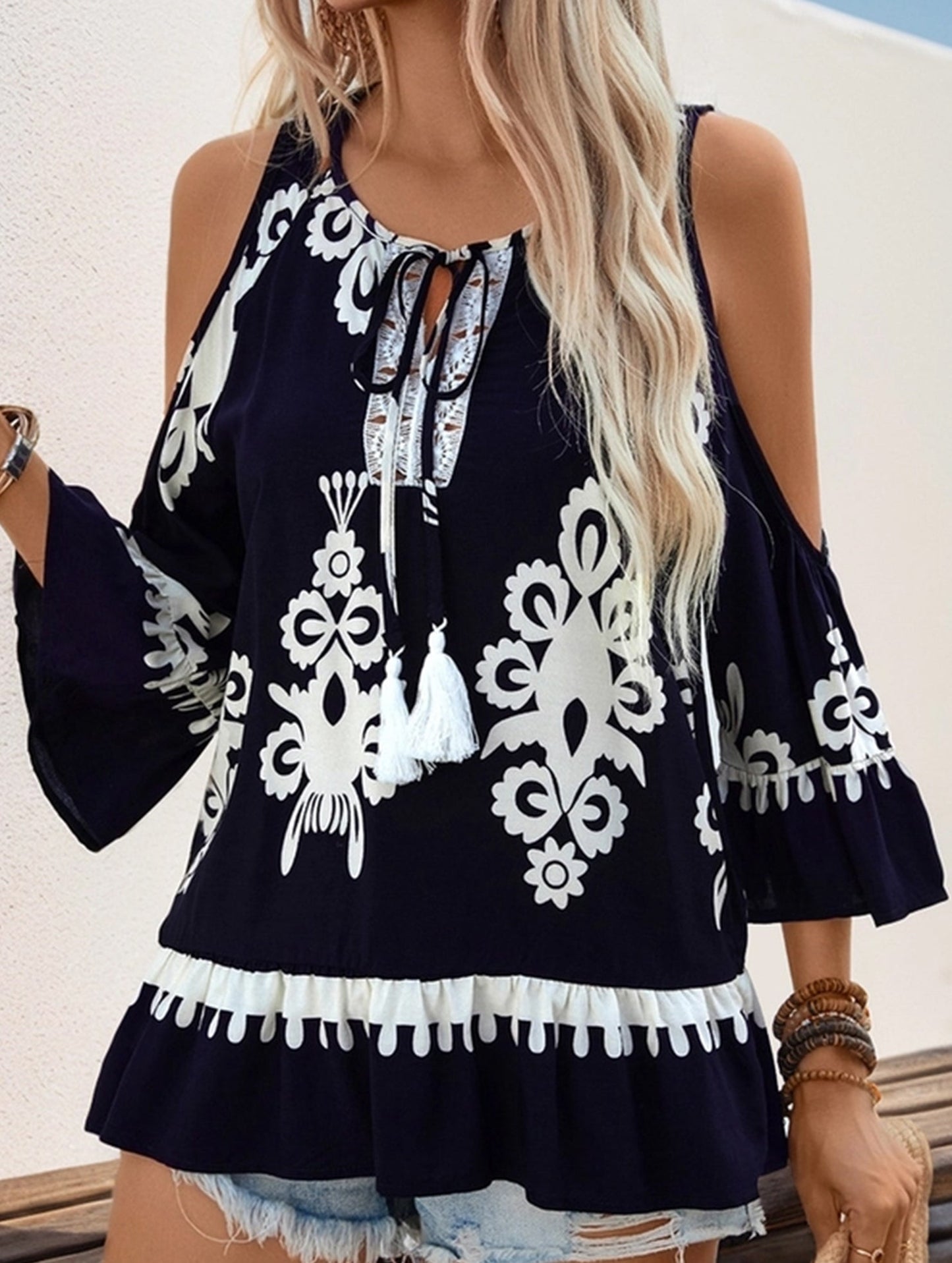 Lace Patchwork Fringe Lace-Up Shirt ??Boho Viscose Blouse for Women