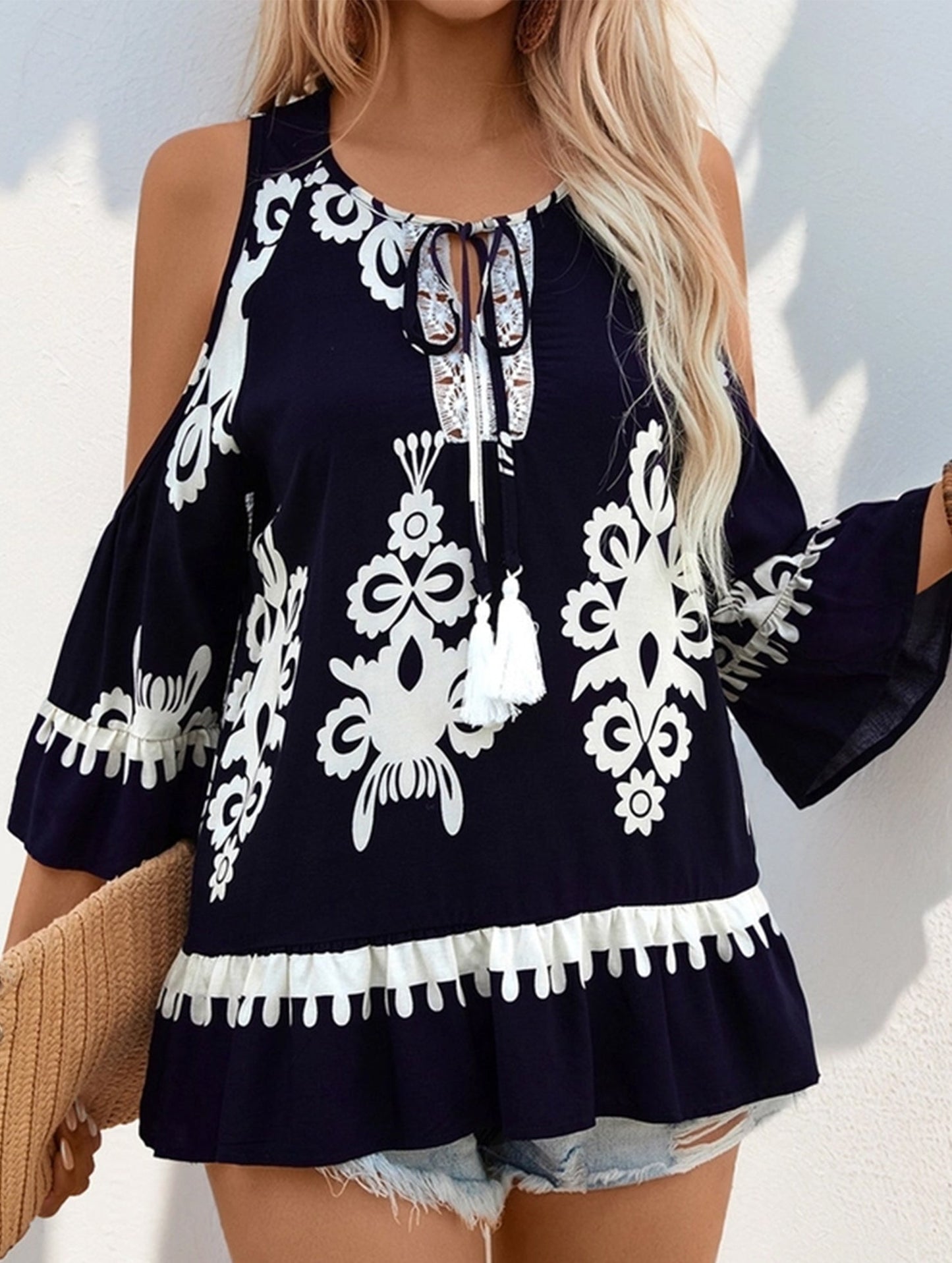 Lace Patchwork Fringe Lace-Up Shirt ??Boho Viscose Blouse for Women