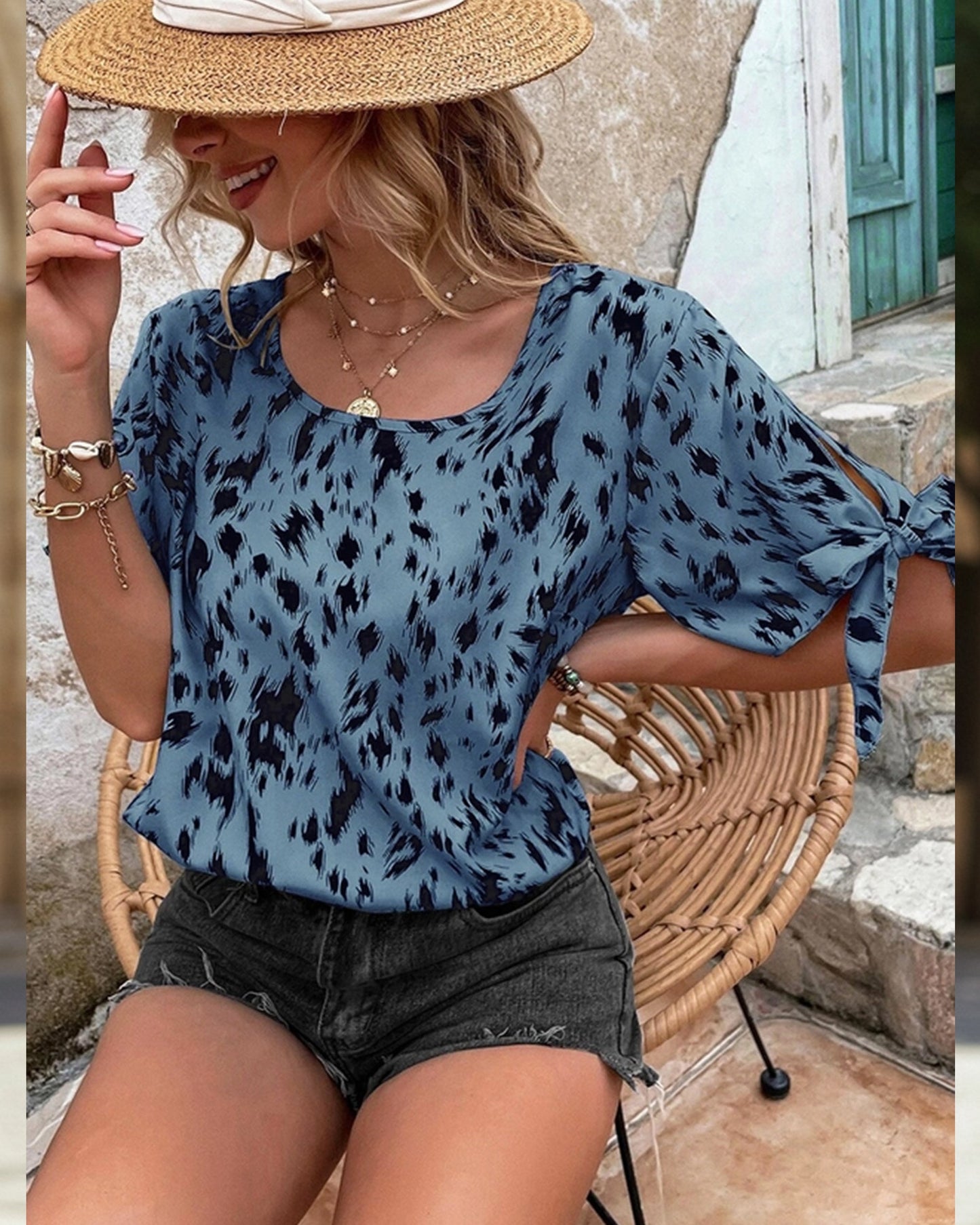 LEOPARD PRINT BLOUSE WITH ROUND NECK STRAP