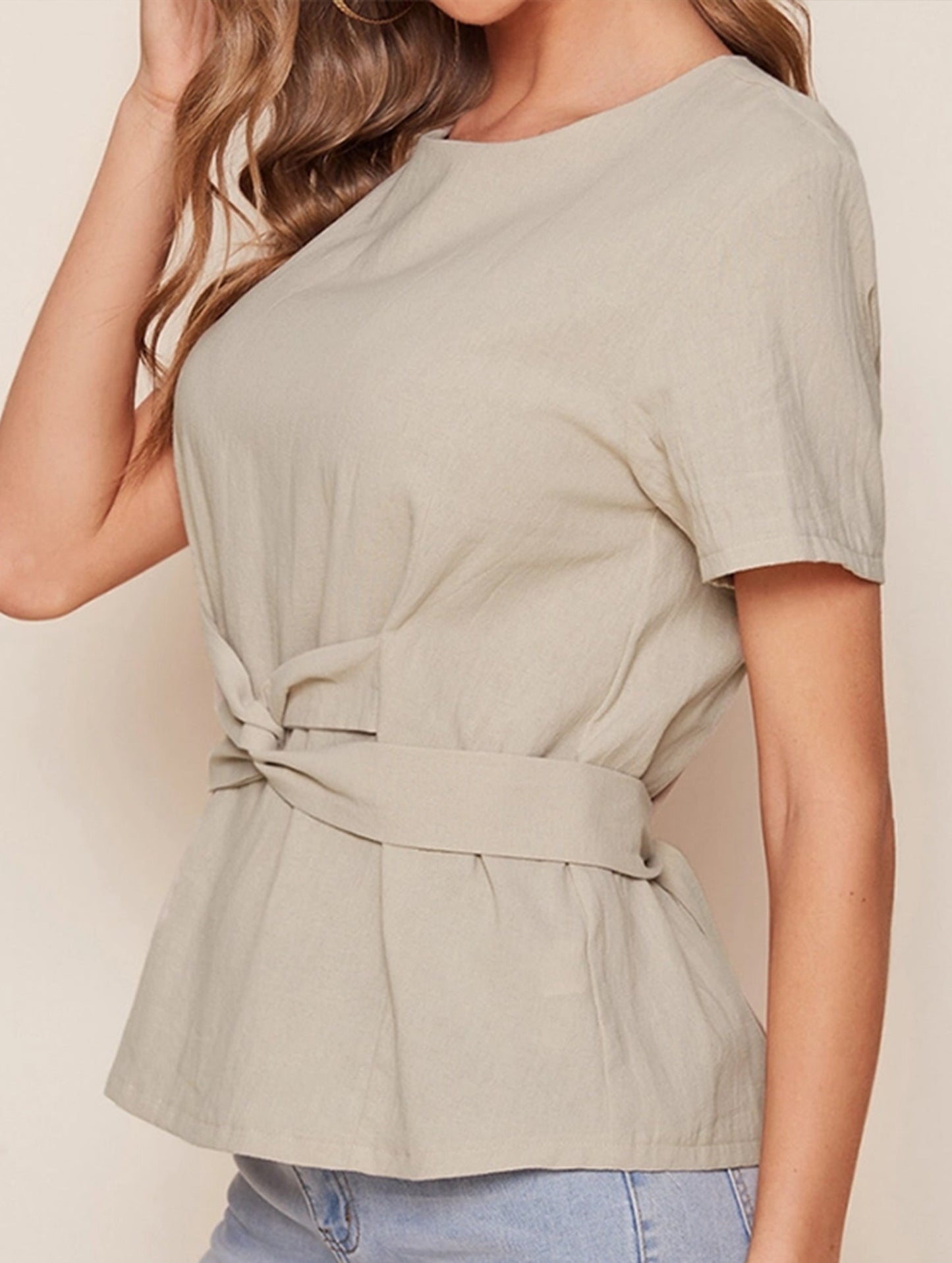 Round neck short-sleeved T-shirt belted tunic top