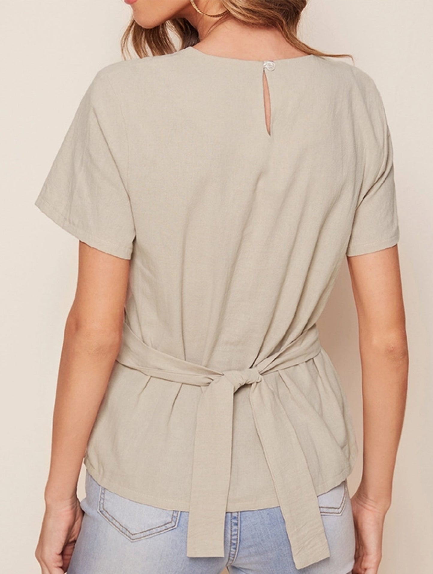 Round neck short-sleeved T-shirt belted tunic top