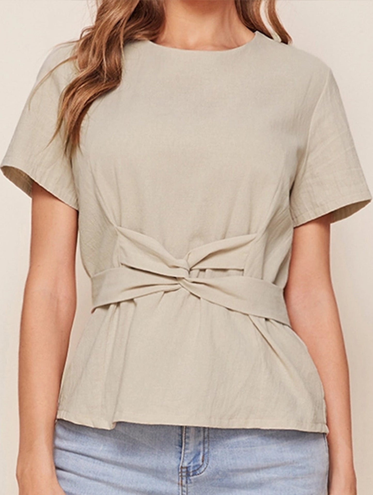 Round neck short-sleeved T-shirt belted tunic top