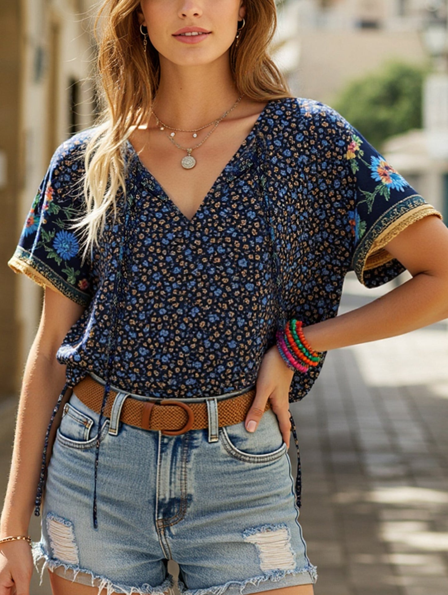 Clan Style Printed V-Neck Loose Fit Short Sleeve Shirt ??Women??¢s Casual Summer Top