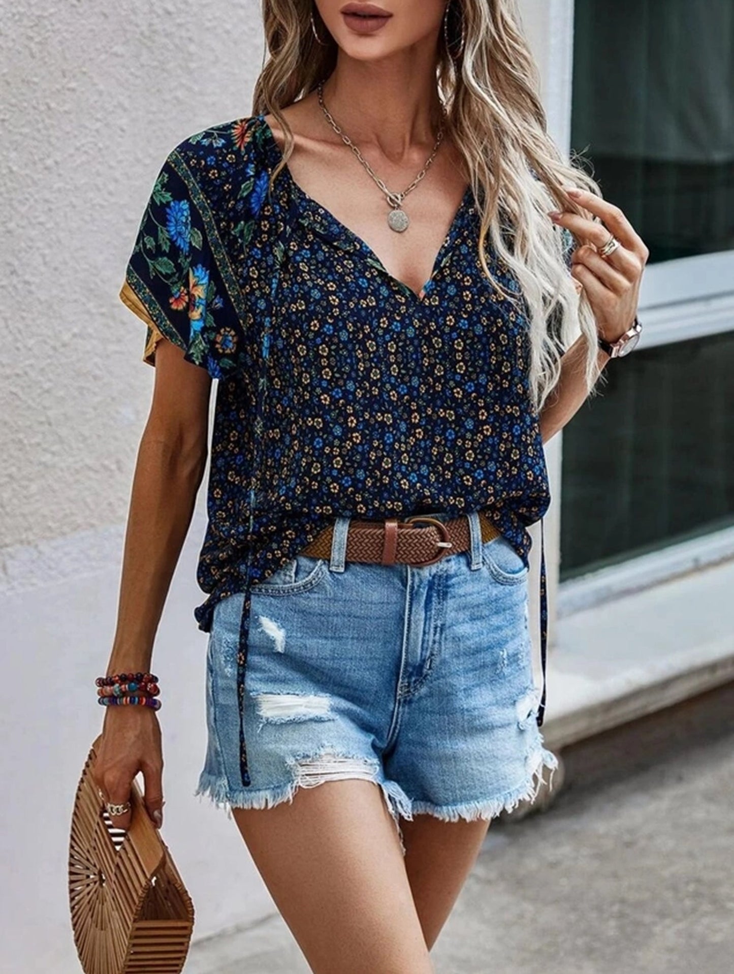 Clan Style Printed V-Neck Loose Fit Short Sleeve Shirt ??Women??¢s Casual Summer Top