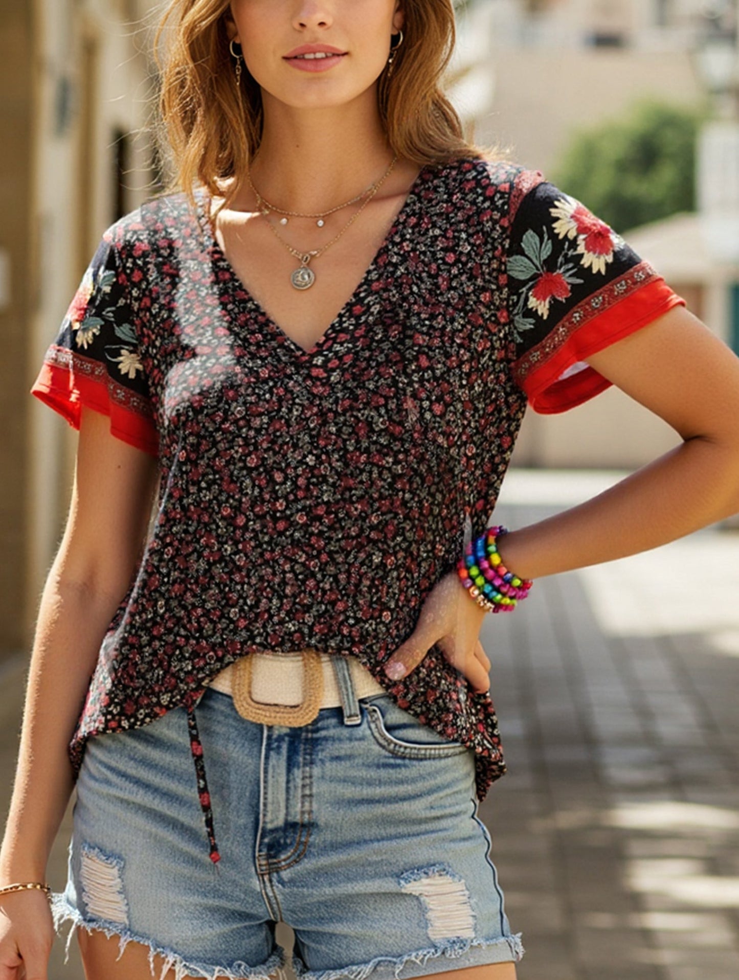 Clan Style Printed V-Neck Loose Fit Short Sleeve Shirt ??Women??¢s Casual Summer Top