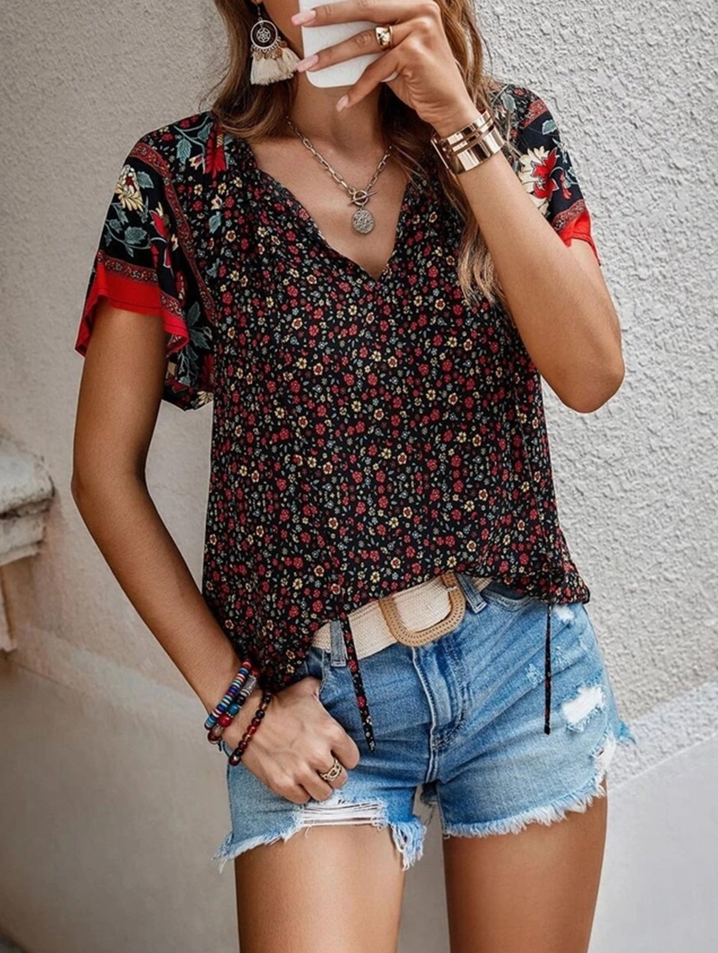 Clan Style Printed V-Neck Loose Fit Short Sleeve Shirt ??Women??¢s Casual Summer Top
