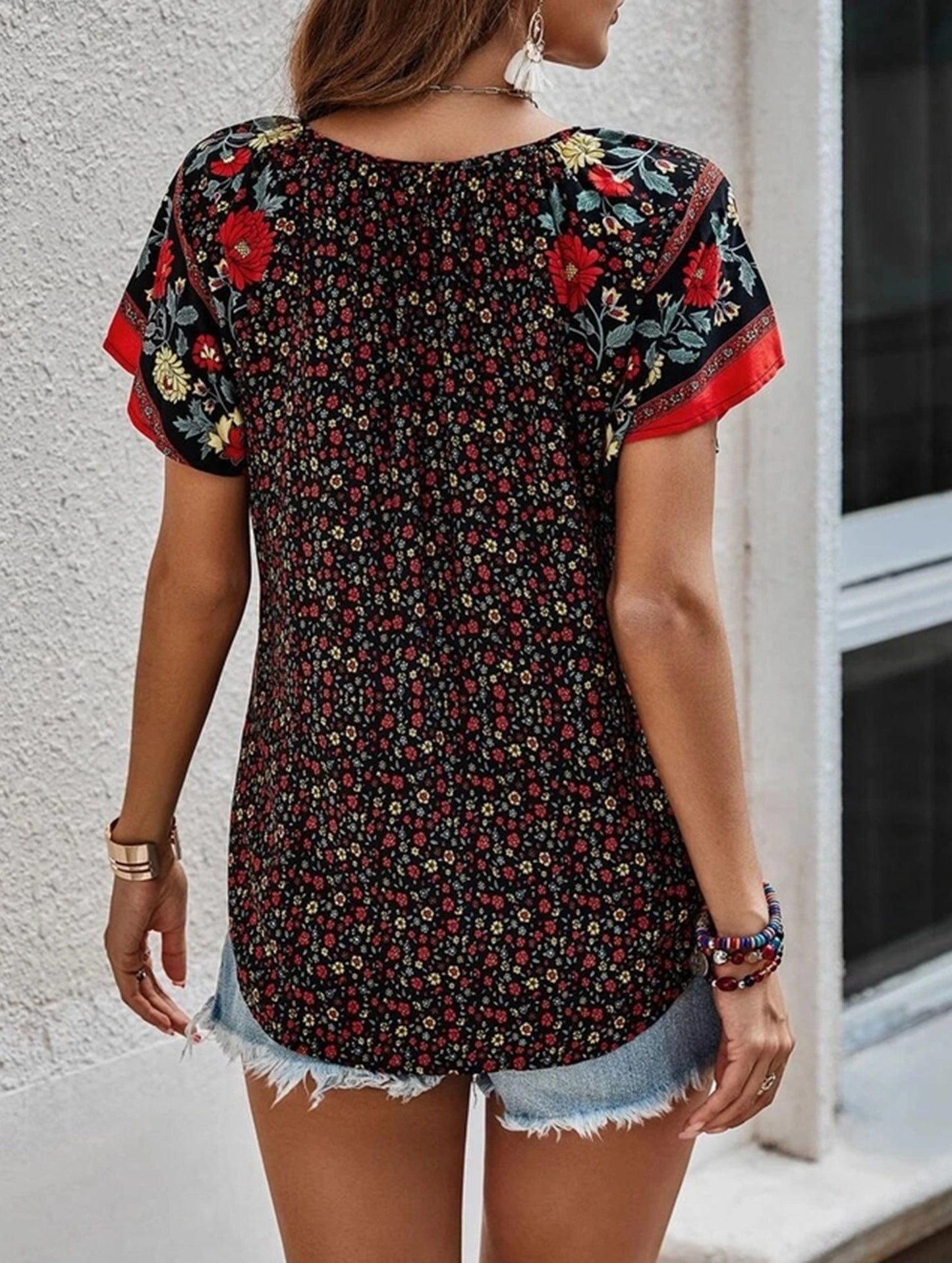 Clan Style Printed V-Neck Loose Fit Short Sleeve Shirt ??Women??¢s Casual Summer Top