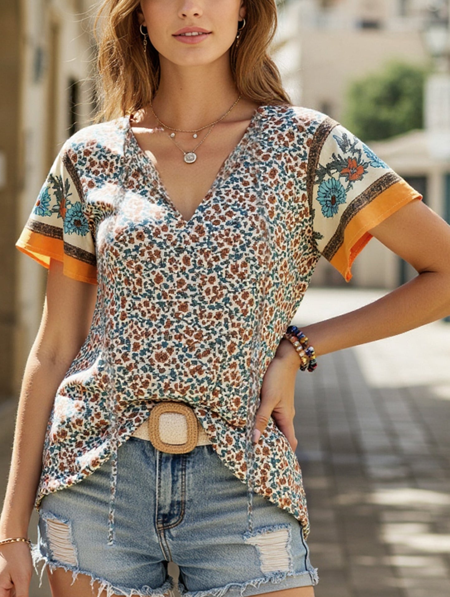 Clan Style Printed V-Neck Loose Fit Short Sleeve Shirt ??Women??¢s Casual Summer Top