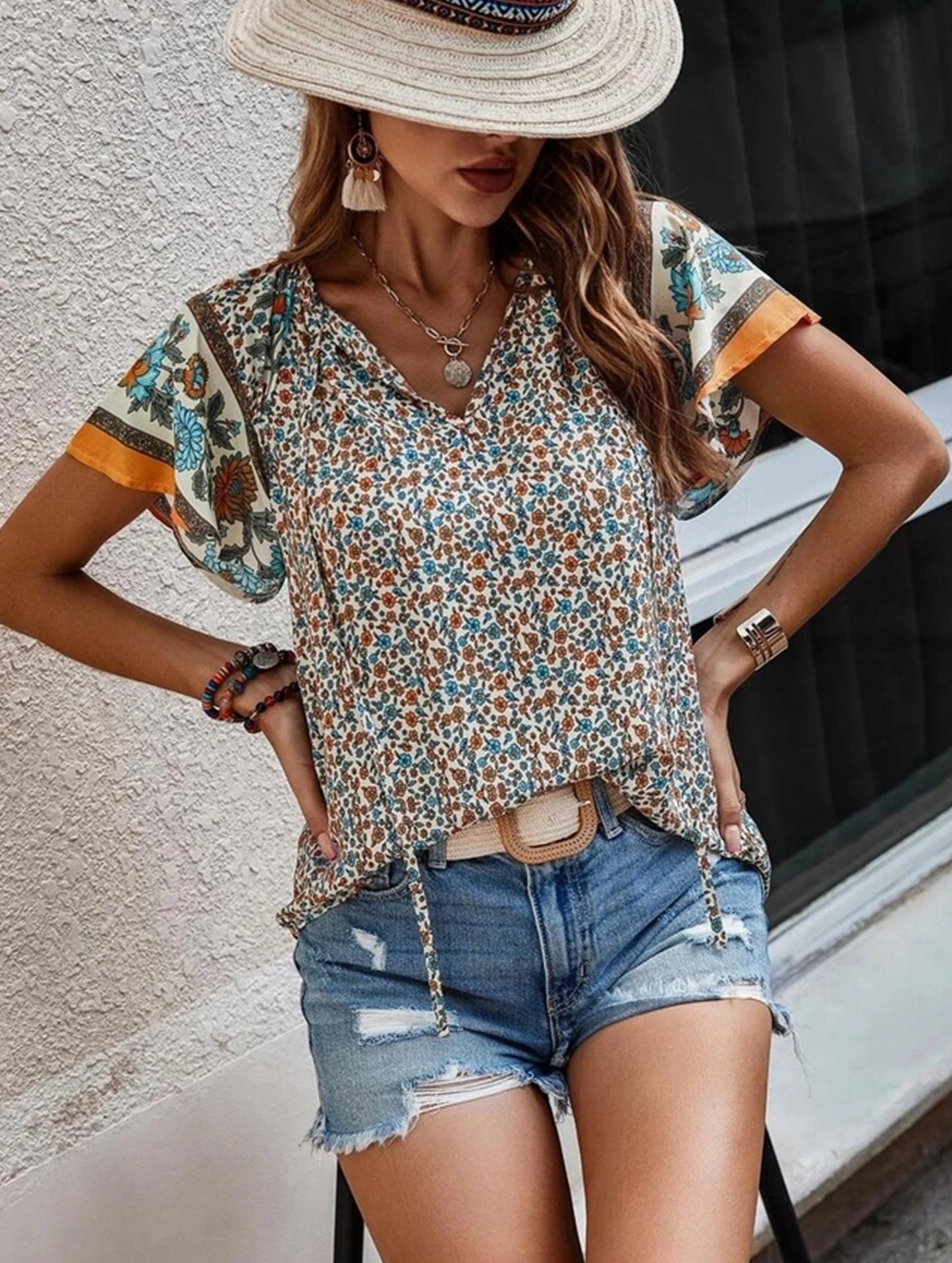 Clan Style Printed V-Neck Loose Fit Short Sleeve Shirt ??Women??¢s Casual Summer Top