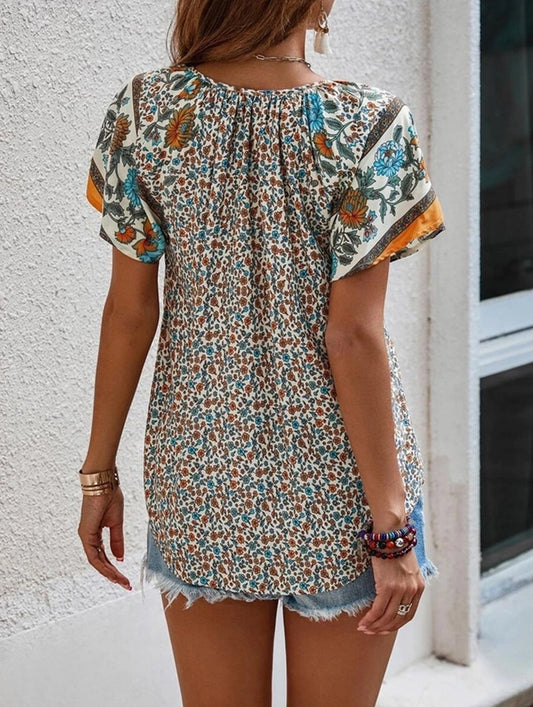 Clan Style Printed V-Neck Loose Fit Short Sleeve Shirt ??Women??¢s Casual Summer Top