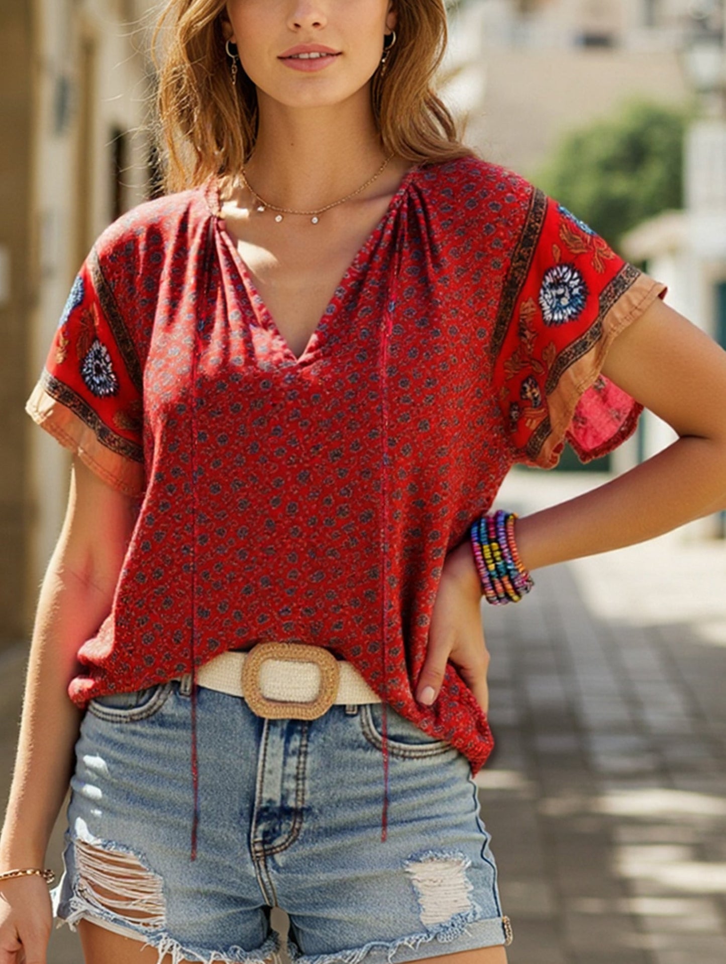 Clan Style Printed V-Neck Loose Fit Short Sleeve Shirt ??Women??¢s Casual Summer Top