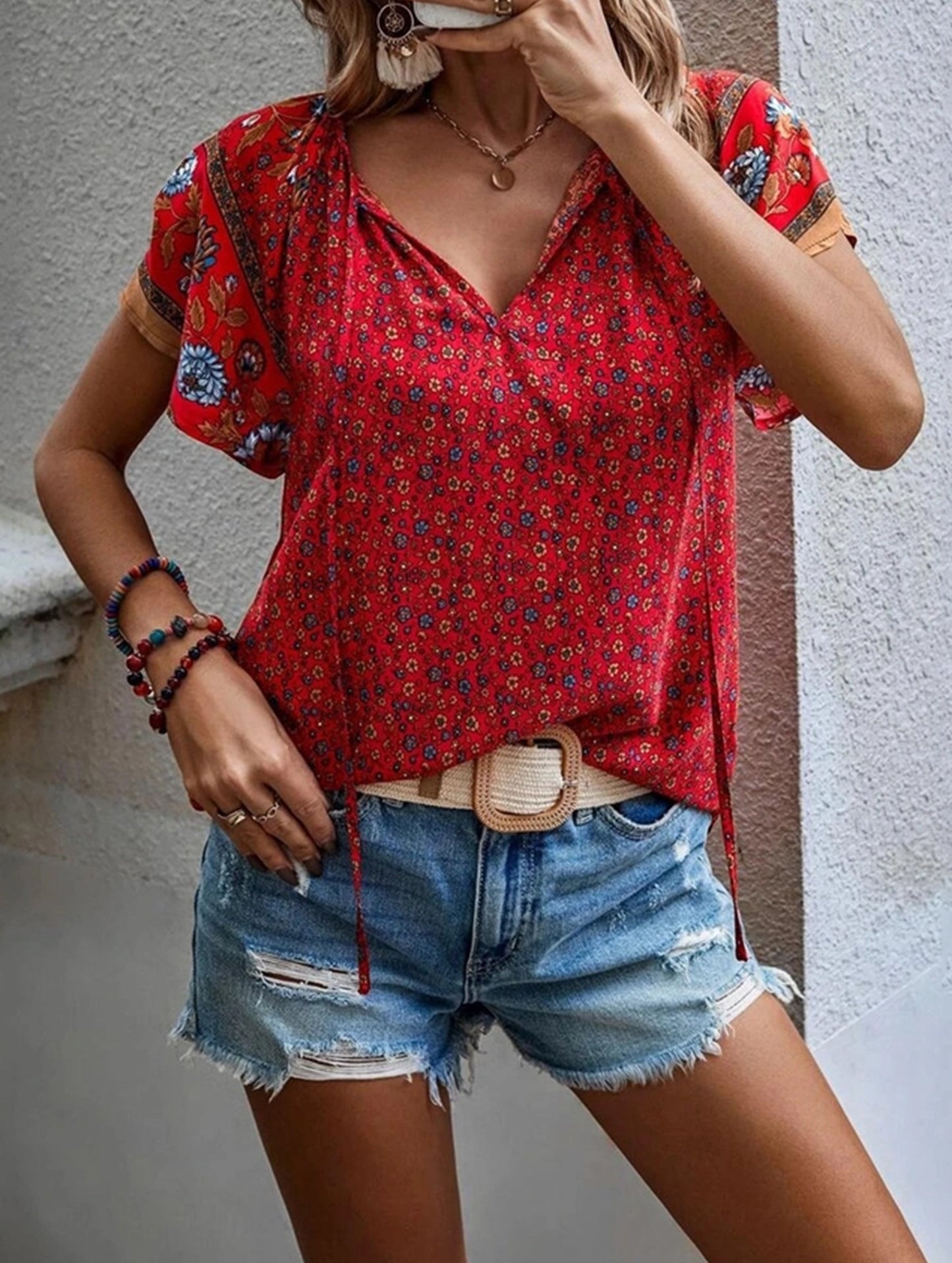 Clan Style Printed V-Neck Loose Fit Short Sleeve Shirt ??Women??¢s Casual Summer Top