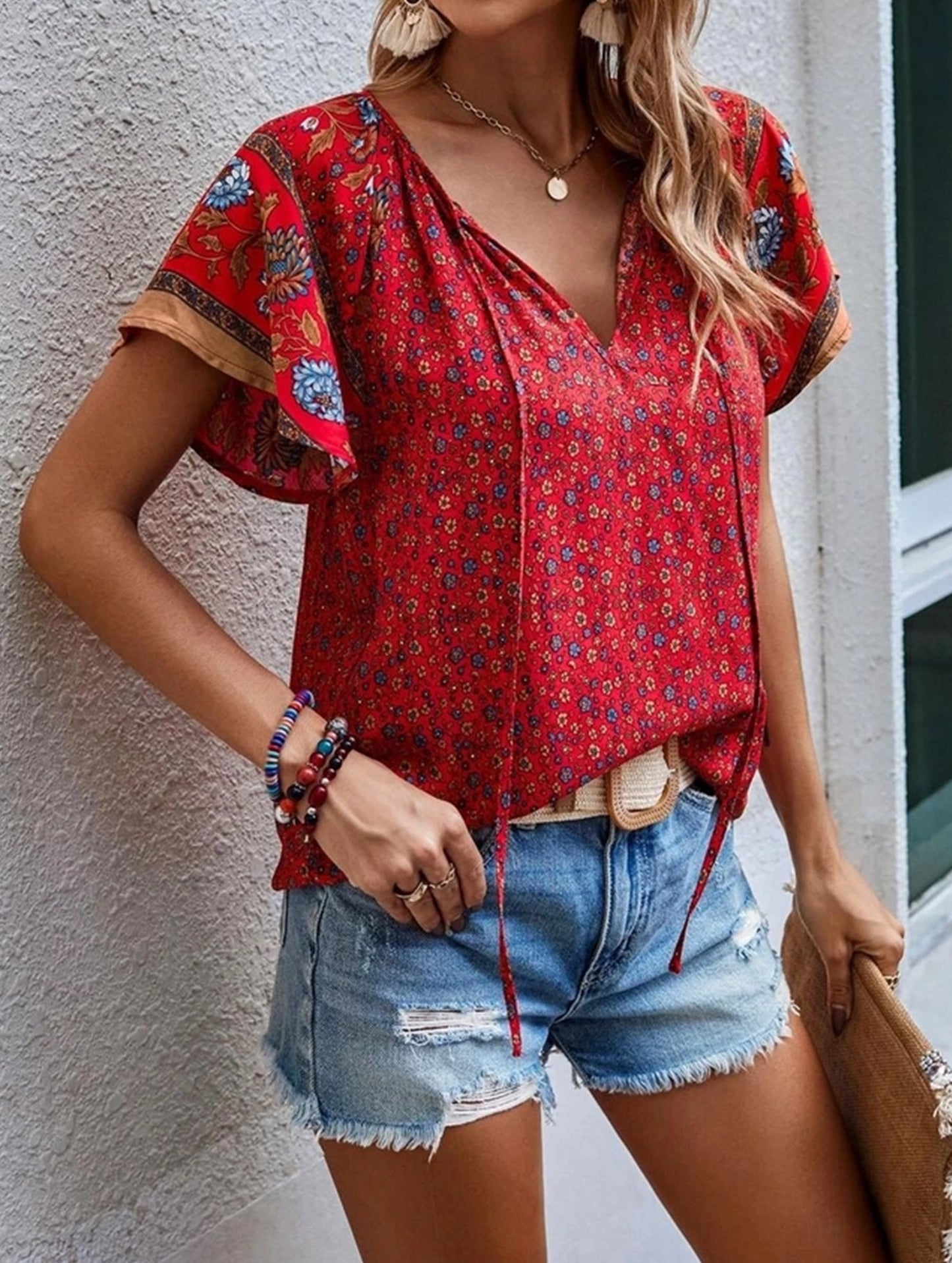 Clan Style Printed V-Neck Loose Fit Short Sleeve Shirt ??Women??¢s Casual Summer Top