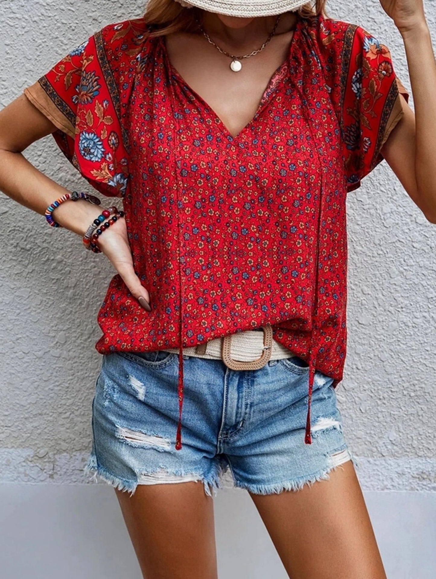 Clan Style Printed V-Neck Loose Fit Short Sleeve Shirt ??Women??¢s Casual Summer Top