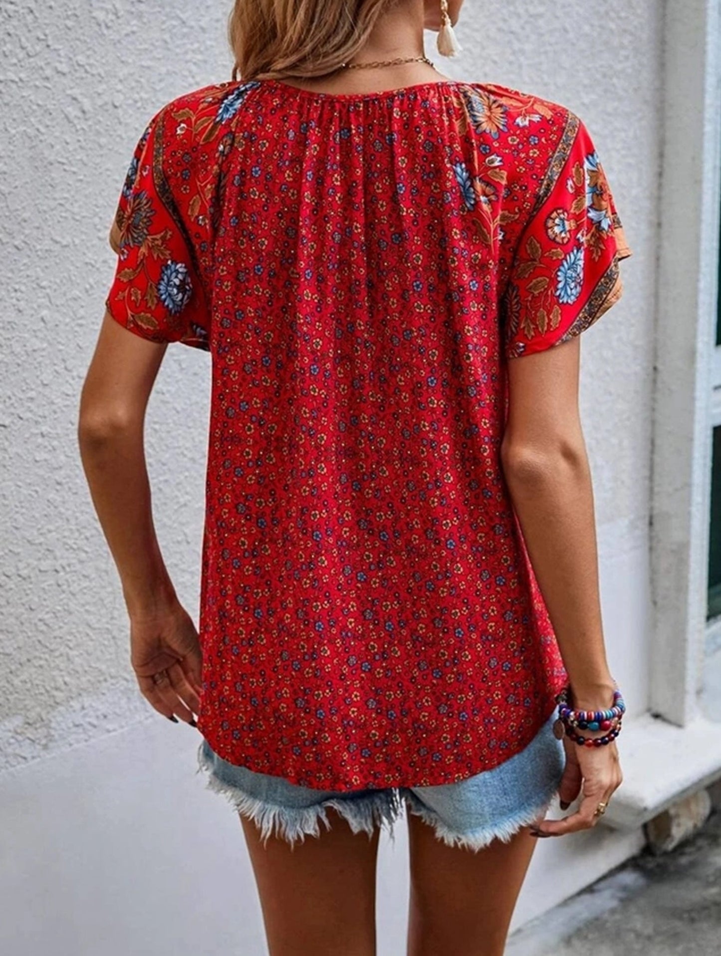 Clan Style Printed V-Neck Loose Fit Short Sleeve Shirt ??Women??¢s Casual Summer Top