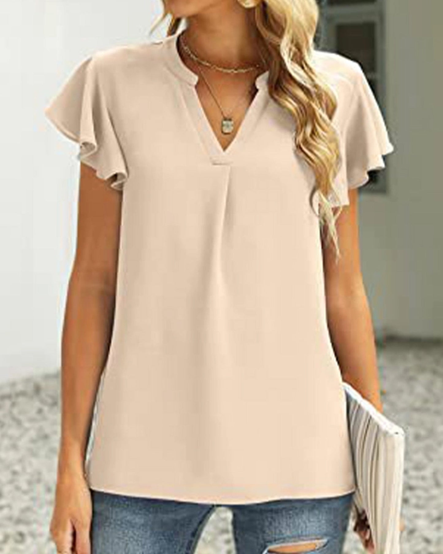 V-Neck Fly Sleeve Short Sleeve Solid Color Top ??Sleek & Stretchy Fit