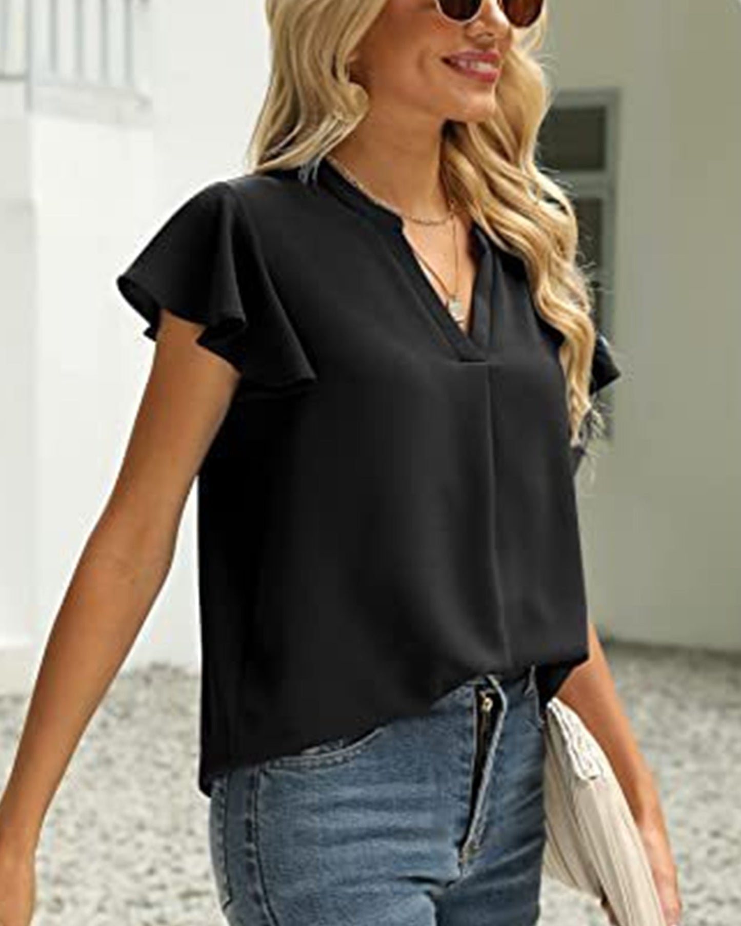 V-Neck Fly Sleeve Short Sleeve Solid Color Top ??Sleek & Stretchy Fit