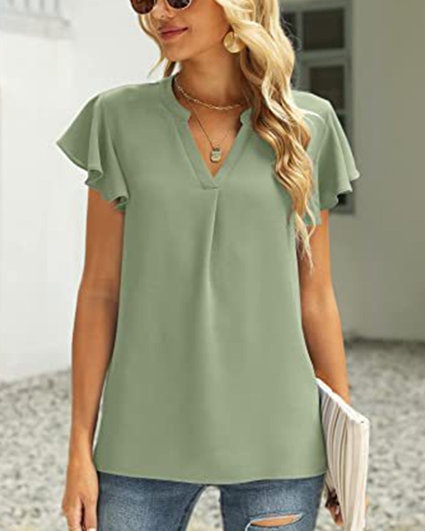 V-Neck Fly Sleeve Short Sleeve Solid Color Top ??Sleek & Stretchy Fit