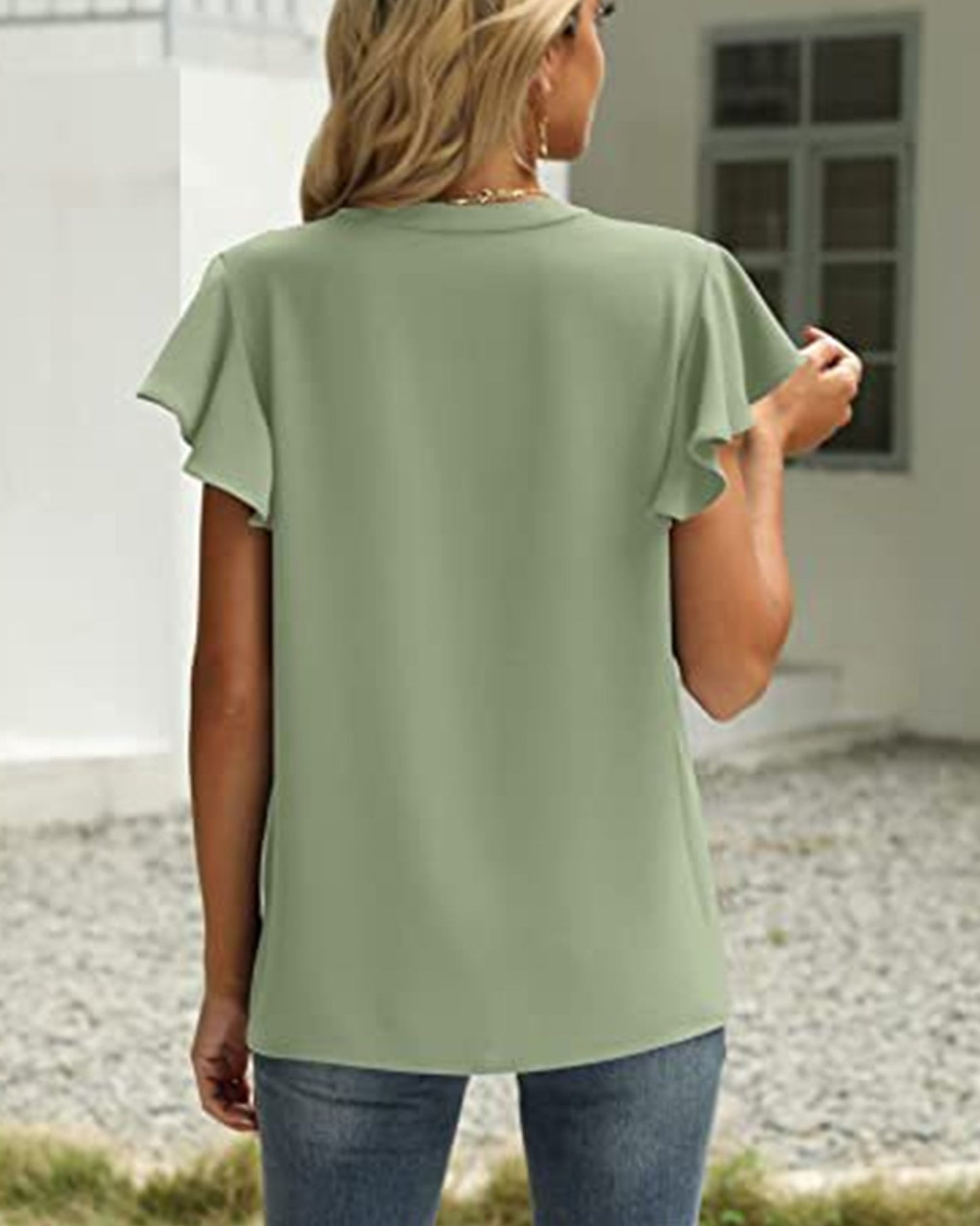 V-Neck Fly Sleeve Short Sleeve Solid Color Top ??Sleek & Stretchy Fit