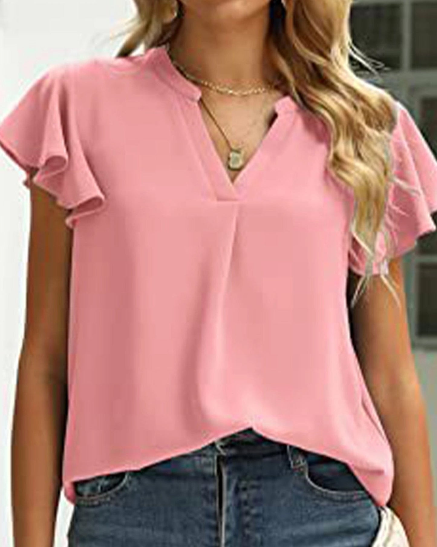 V-Neck Fly Sleeve Short Sleeve Solid Color Top ??Sleek & Stretchy Fit