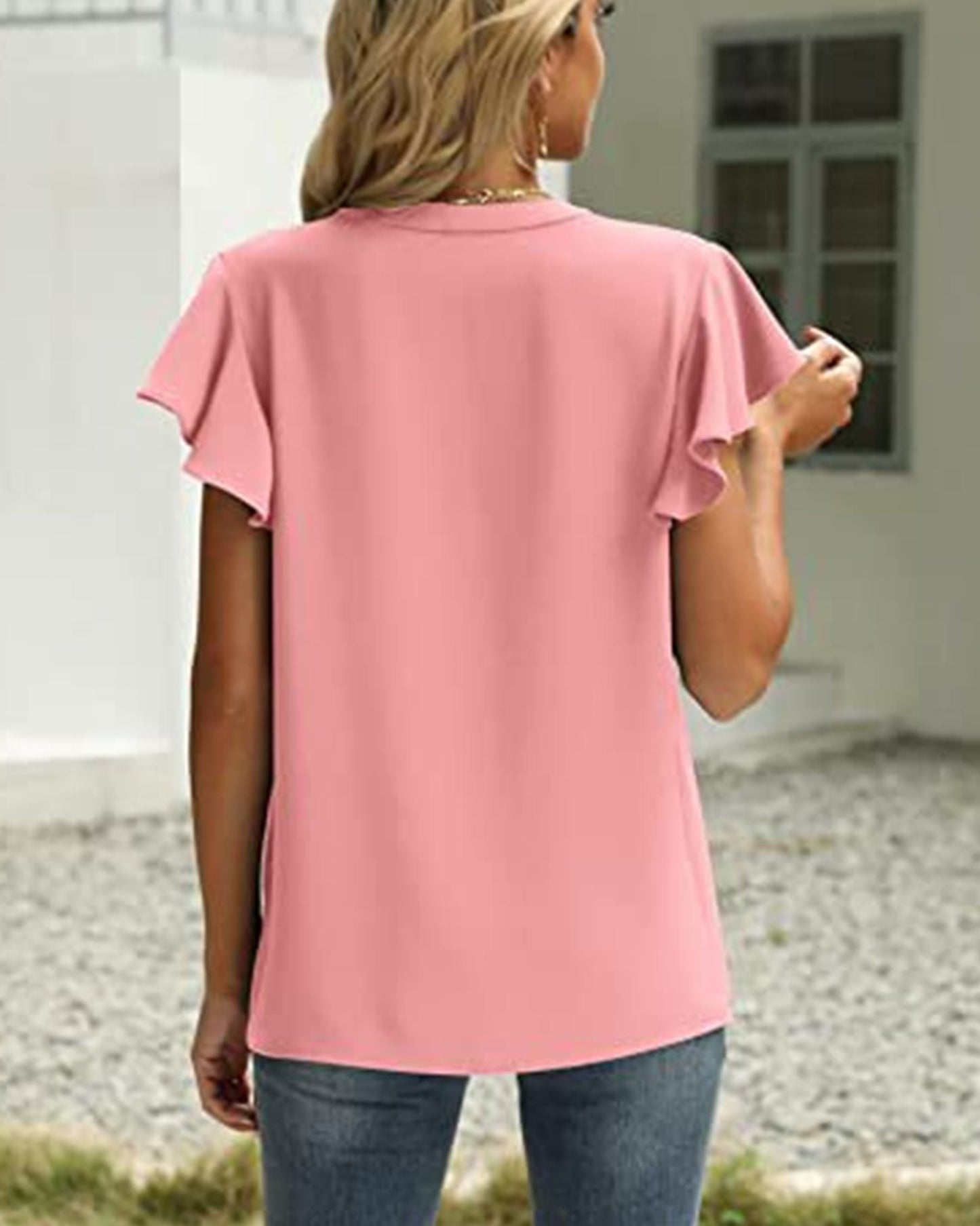 V-Neck Fly Sleeve Short Sleeve Solid Color Top ??Sleek & Stretchy Fit