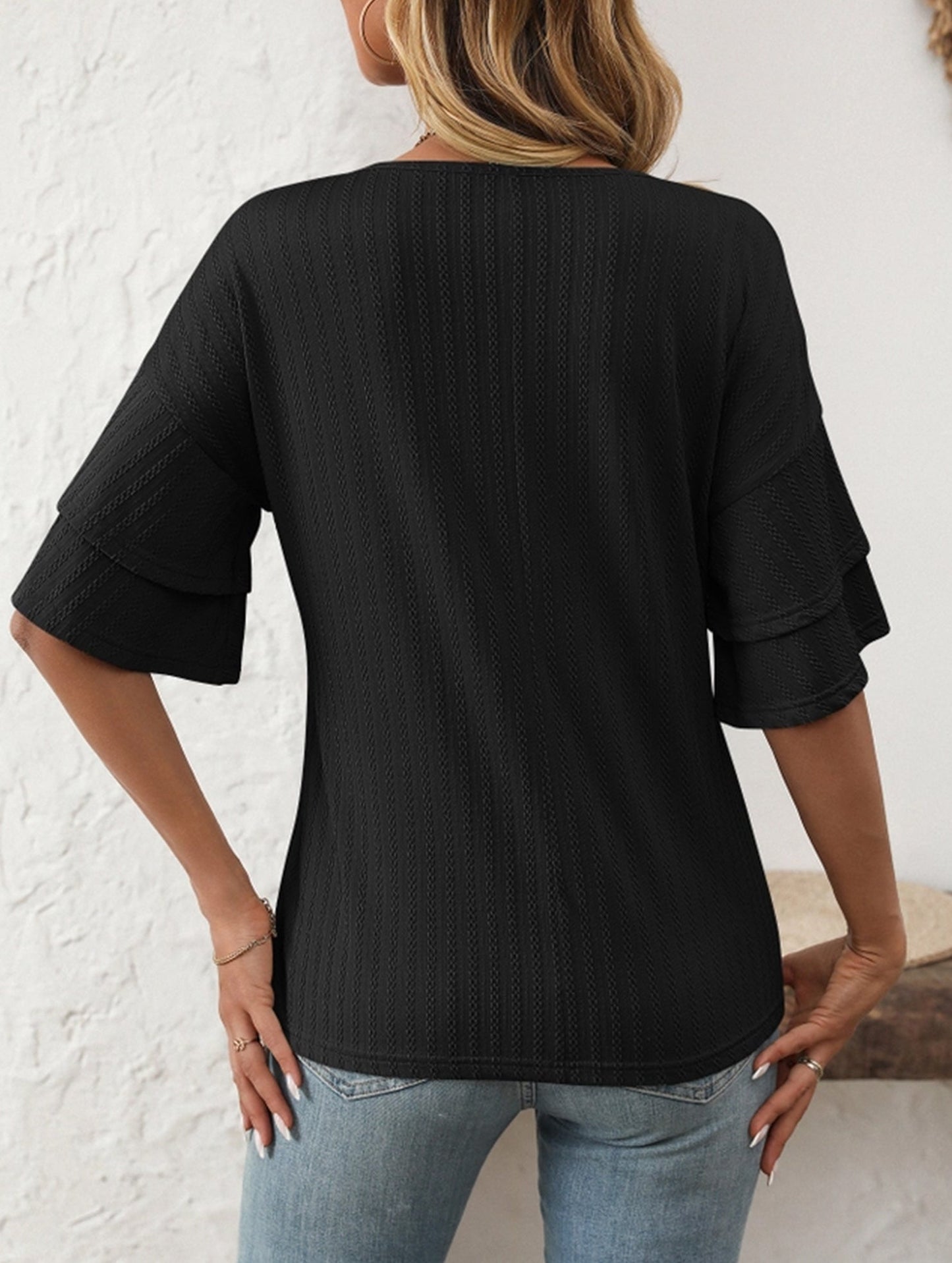 Solid Color V-Neck T-Shirt with Lotus Sleeves ??Soft & Flowy, S?“XXL