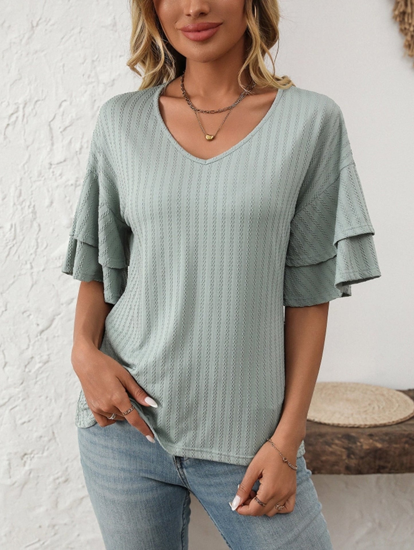 Solid Color V-Neck T-Shirt with Lotus Sleeves ??Soft & Flowy, S?“XXL
