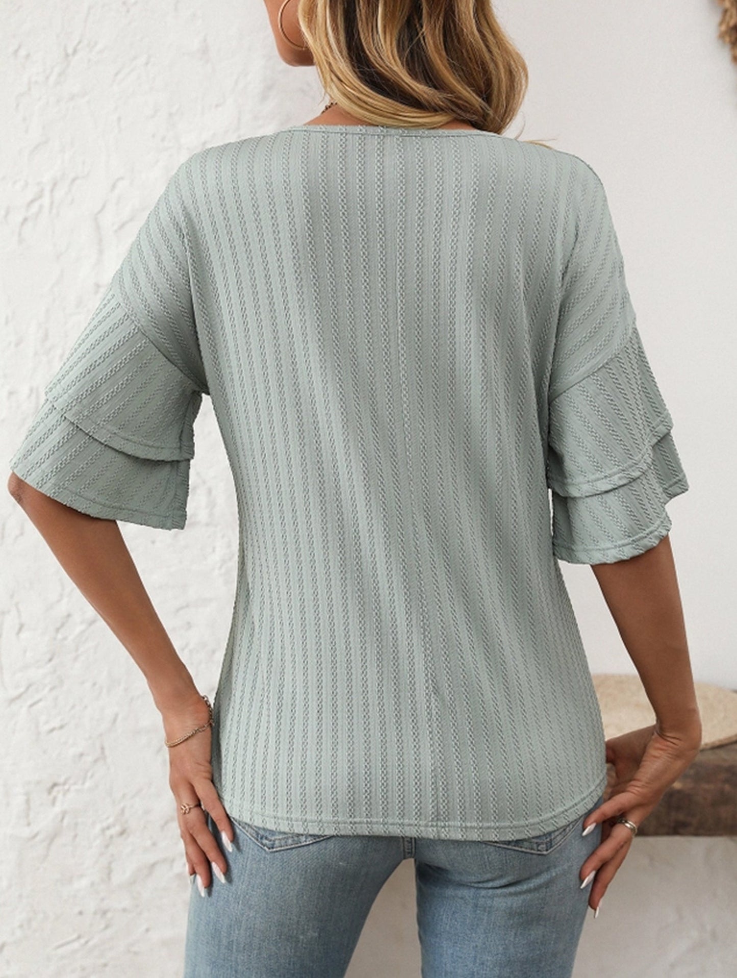 Solid Color V-Neck T-Shirt with Lotus Sleeves ??Soft & Flowy, S?“XXL