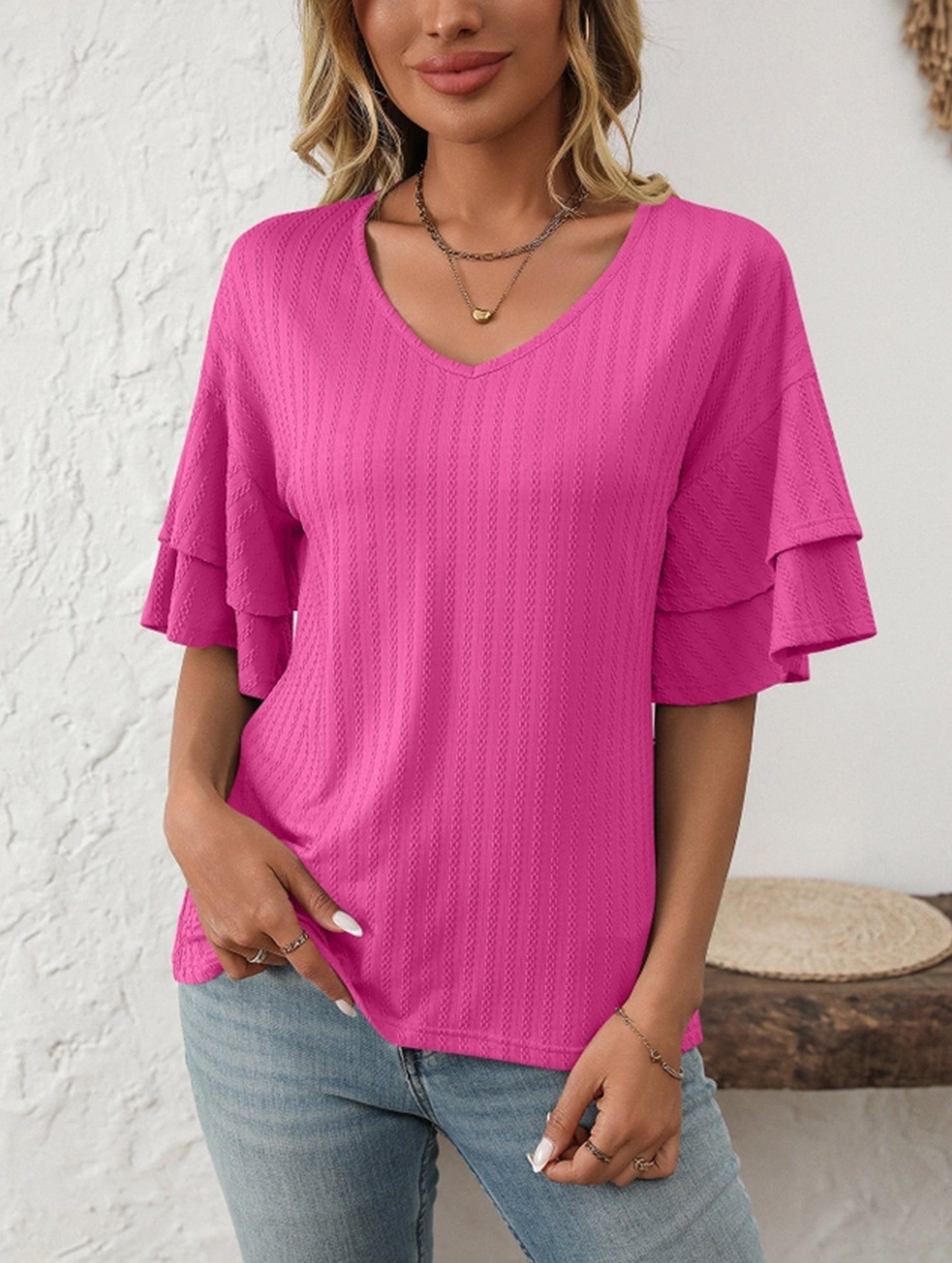 Solid Color V-Neck T-Shirt with Lotus Sleeves ??Soft & Flowy, S?“XXL