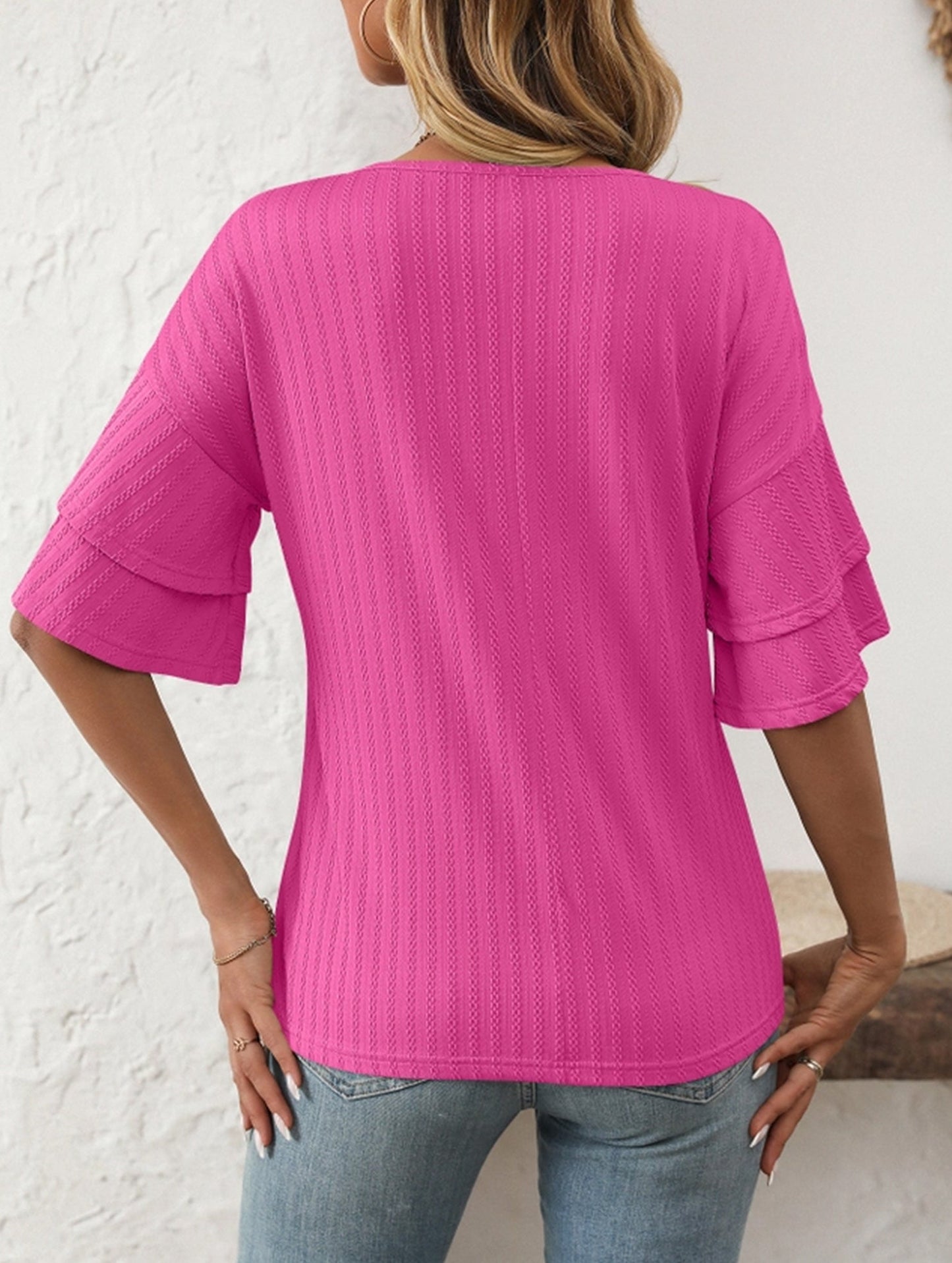 Solid Color V-Neck T-Shirt with Lotus Sleeves ??Soft & Flowy, S?“XXL