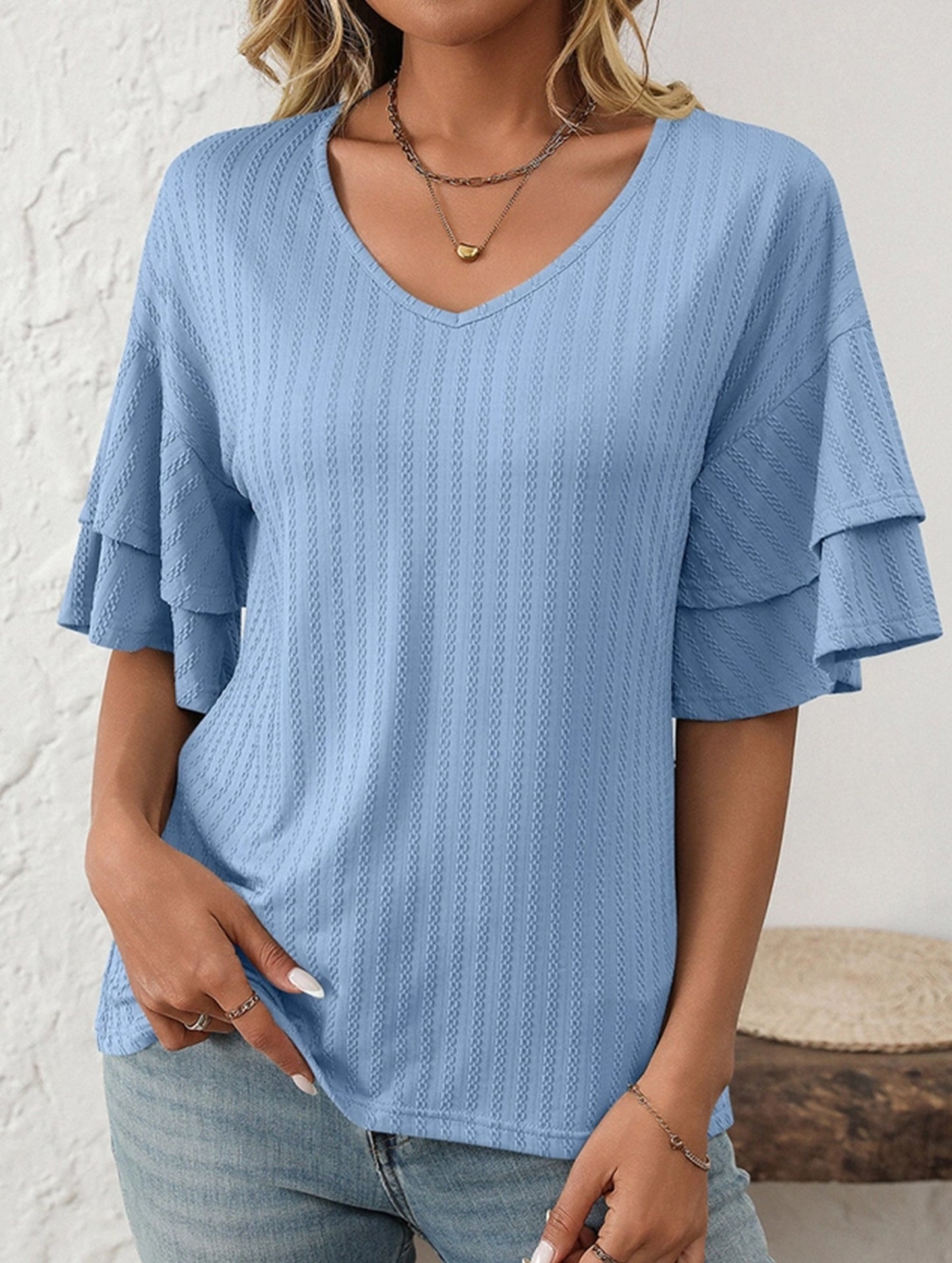 Solid Color V-Neck T-Shirt with Lotus Sleeves ??Soft & Flowy, S?“XXL