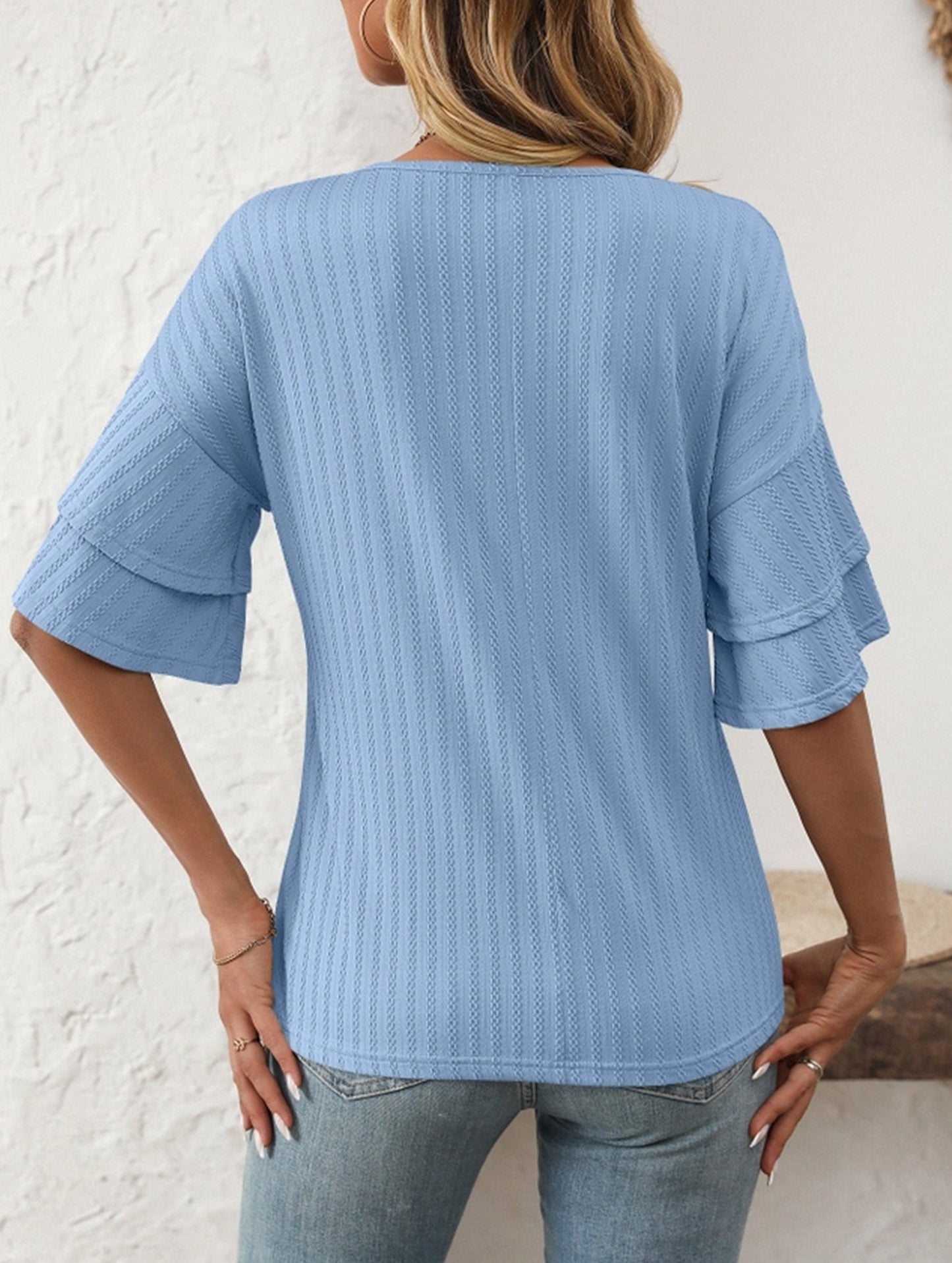 Solid Color V-Neck T-Shirt with Lotus Sleeves ??Soft & Flowy, S?“XXL