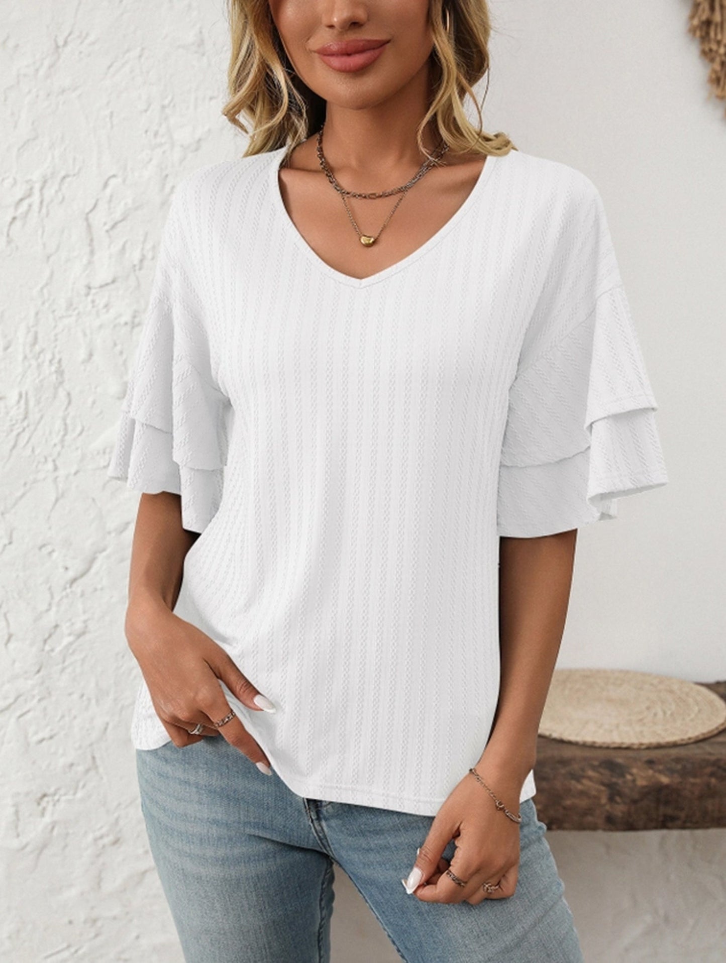 Solid Color V-Neck T-Shirt with Lotus Sleeves ??Soft & Flowy, S?“XXL