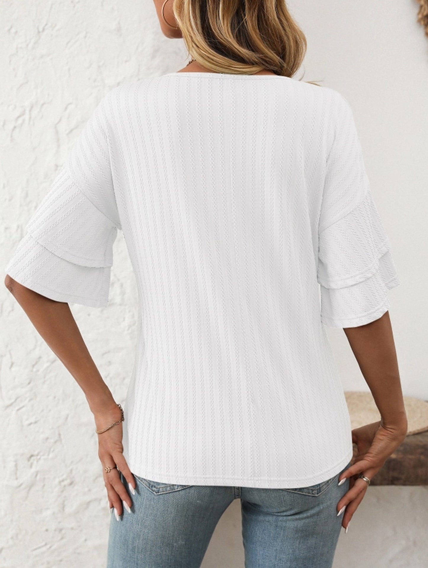 Solid Color V-Neck T-Shirt with Lotus Sleeves ??Soft & Flowy, S?“XXL